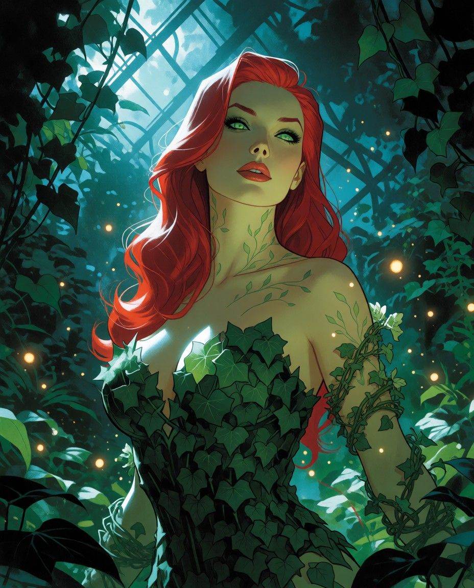A striking three-quarter portrait of Poison Ivy standing gracefully amid a dense,  overgrown greenhouse jungle bathed in m...