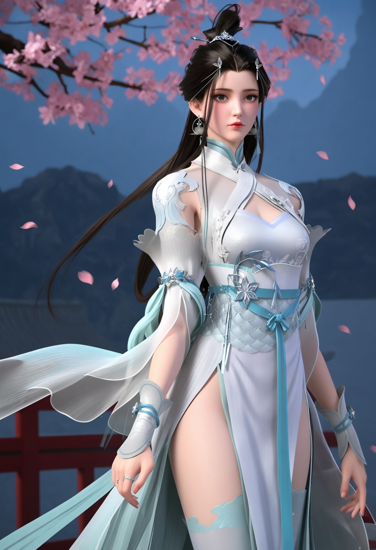 (cowboy shot:1.2),(looking at viewer:1.1),masterpiece,(best quality),smog,Dark room,dim lighting,peach blossom,falling petals,<lora:YQ_Illustrious光辉v5_萧轻雪_V1:0.8>,q1528437228,solo,1girl,long hair,dress,black hair,jewelry,white dress,earrings,hair ornament,chinese clothes,hair bun,forehead mark,sash,brown hair,thighhighs,single hair bun,china dress,white thighhighs,long sleeves,detached sleeves,side slit,gloves,hair rings,