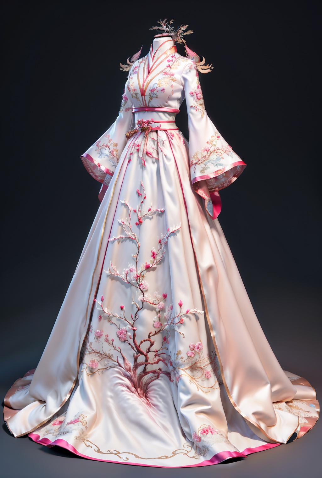 (best quality:1.2),(masterpiece:1.2),colorful,dynamic angle,highest detailed,<lora:Nhanfu:1>,pink white dress,(clean background:1.3),v-neck,cyan,fishtail skirt,