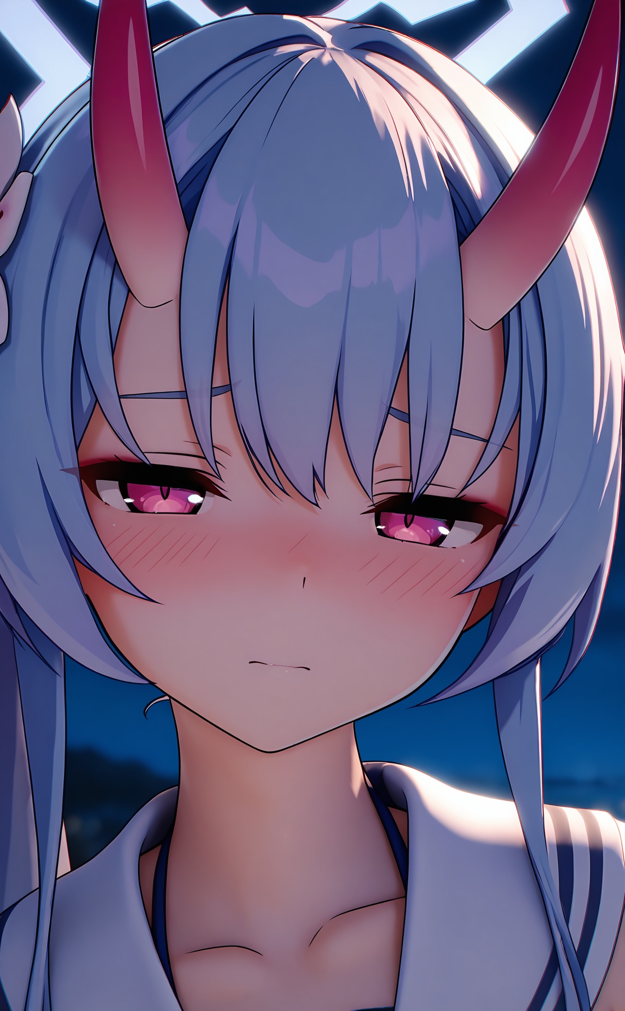 masterpiece,absurdres,best quality,(high quality:0.9),chromatic_aberration,Night,darkness,black theme,shy,embarrass,endured_face,nsfw,//,mmd style,1girl, solo, horns, blurry, looking_at_viewer, halo, depth_of_field, blue_hair, sidelocks, hair_ornament, long_hair, swimsuit, blurry_background, hair_flower, oni, bikini, collarbone, hair_between_eyes, purple_eyes, blush, half-closed_eyes, sailor_collar, white_sailor_collar, flower, closed_mouth, portrait, sleeveless, red_horns, close-up, pink_eyes, pink_horns, side_ponytail, upper_body, striped_bikini, red_eyes//,highres,HDR,8K,high contrast,illustration,depth of field,(colorful),Tyndall effect,contrast,lens flare,