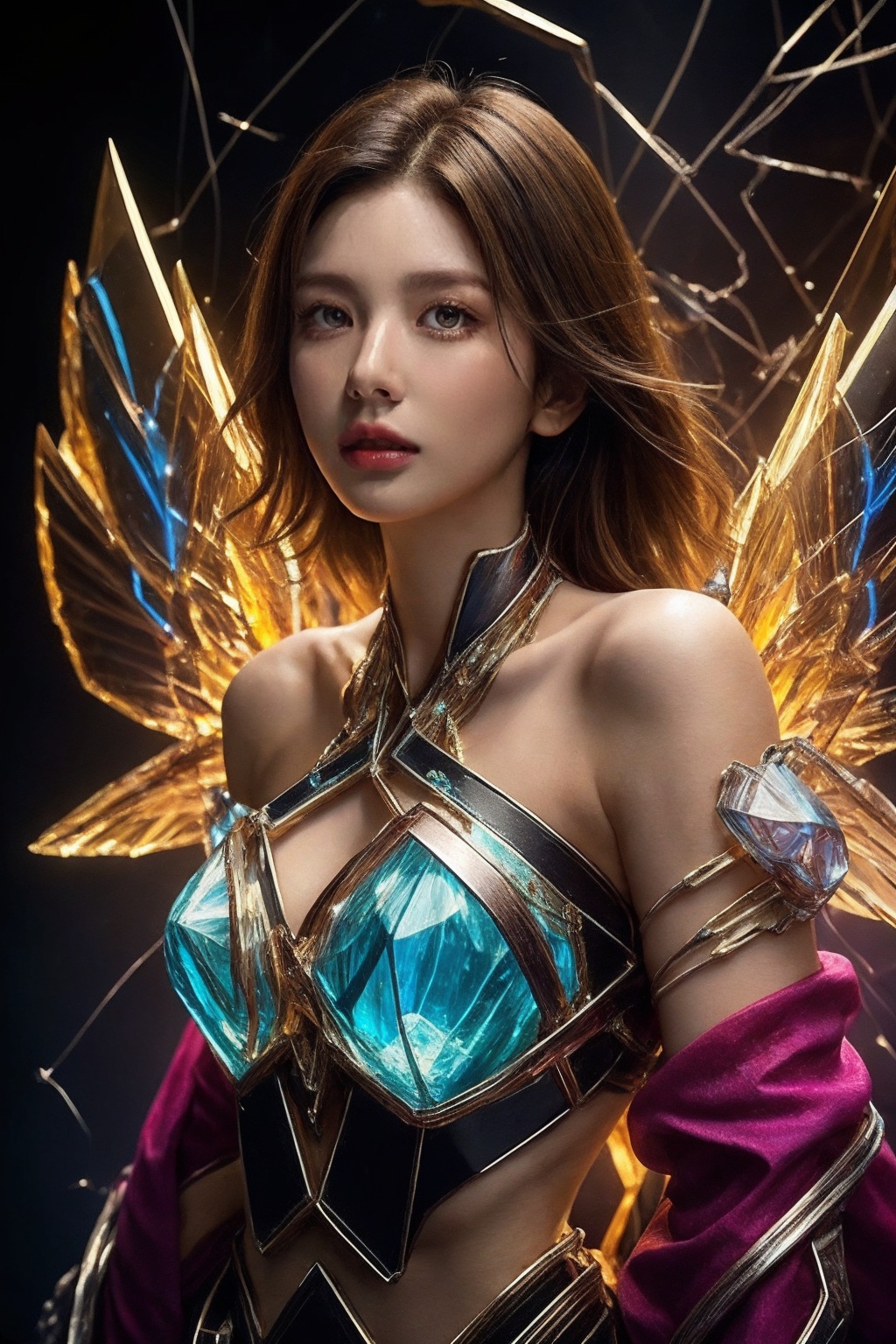 Epic composition,photo realistic,ultra detailed,highly detailed,ray tracing,upper body,1girl,solo,bare shoulders,exquisite face,beautiful eyes,crystal wings,her torn skin revealing the wires inside,mechanical parts,spark,inners visible,<lora:crystal_20231127214245-000018:0.7:lbw=1,1,0,0,0,1,1,1,1,1,1,1,1,1,1,1,1>,crystal,