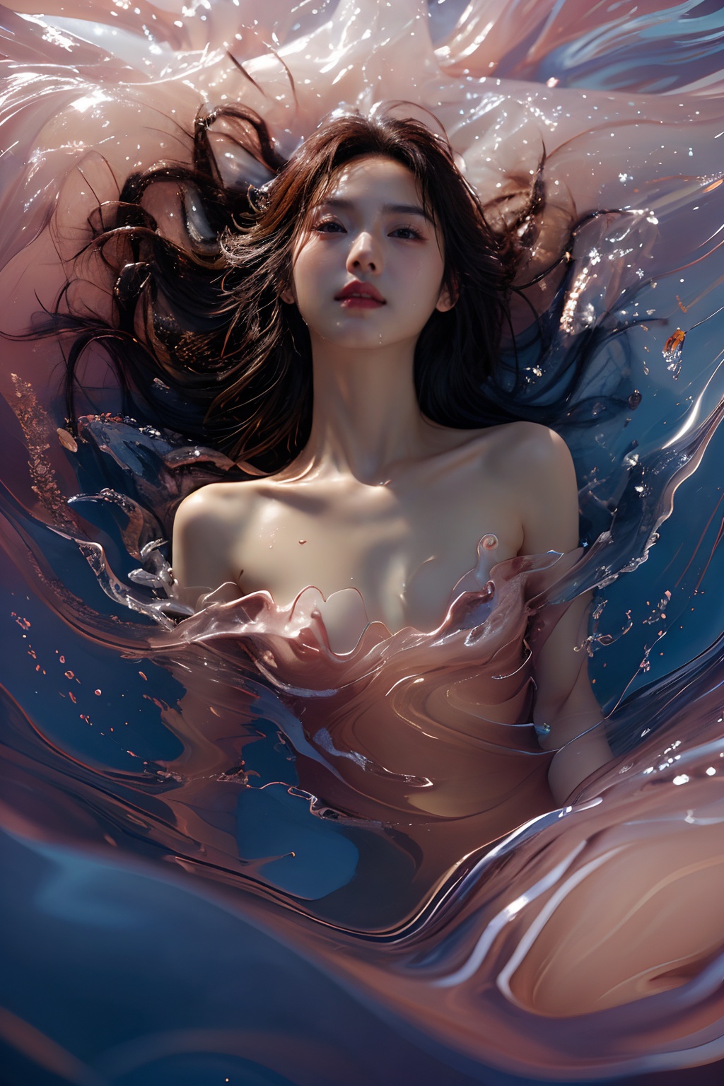 sd mai, piao, 1girl, solo, breasts, long hair, realistic, partially submerged, water, parted lips, nude, lips, brown hair <lora:飘piao:0.8>