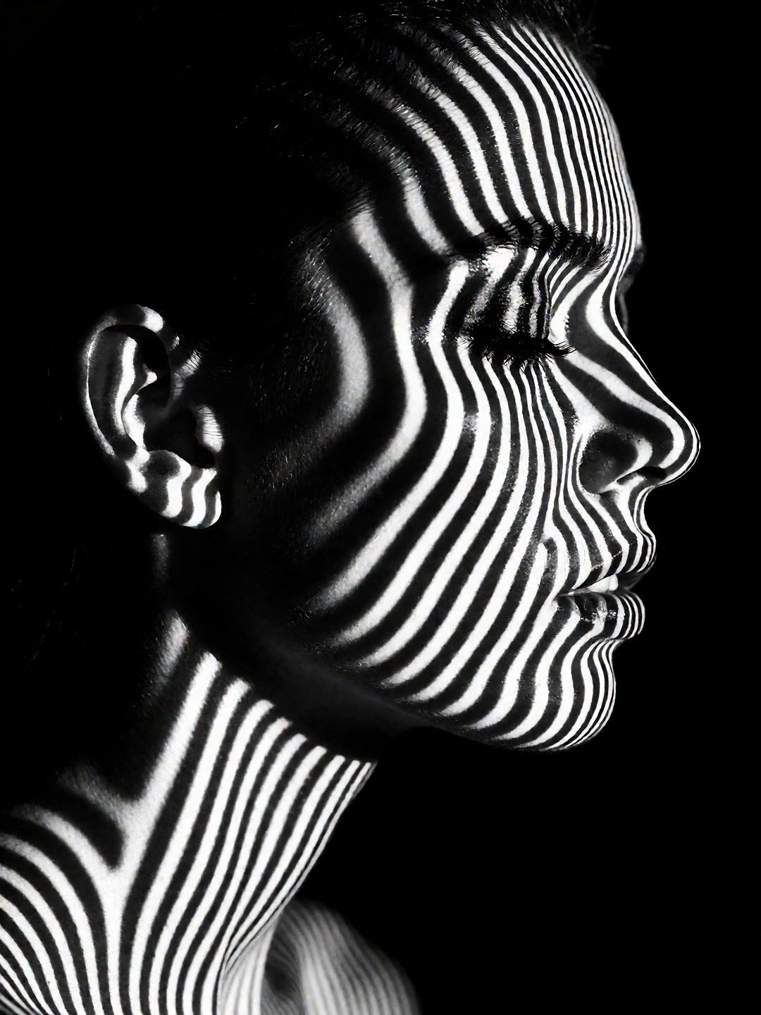 Two tone Black and white image,  woman with striped lines. black background,  High contrast on Tensor.Art
