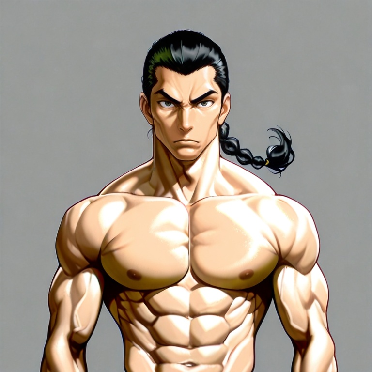 masterpiece, best quality,solo,(grey background:1.2),simple background,looking at viewer,  1boy, male focus, solo, braid, single braid, muscular, , black hair, long hair, topless male, manlyanime_style, char's_counter_attack_style, uc_0093_style, <lora:烈海王-ill:0.8>