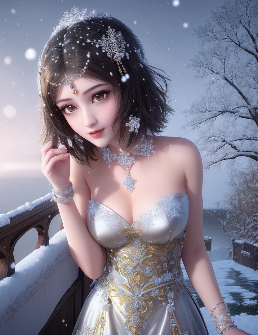 ultra realistic 8k cg, flawless, clean, masterpiece, professional artwork, famous artwork, cinematic lighting, cinematic bloom, perfect face, beautiful face, fantasy, dreamlike, unreal, science fiction,   lace, lace trim, lace-trimmed legwear, luxury, jewelry, diamond, gold, pearl, gem, sapphire, ruby, emerald, intricate detail, delicate pattern, charming, alluring, seductive, erotic, enchanting, hair ornament, necklace, earrings, bracelet, armlet,halo,autumn,((,1girl, pov,best quality, ))  , ((((1girl, solo,outdoors, large breasts,,snowflakes,  snow, snowing,   ))))    <lora:DA_BaiCai:0.7>