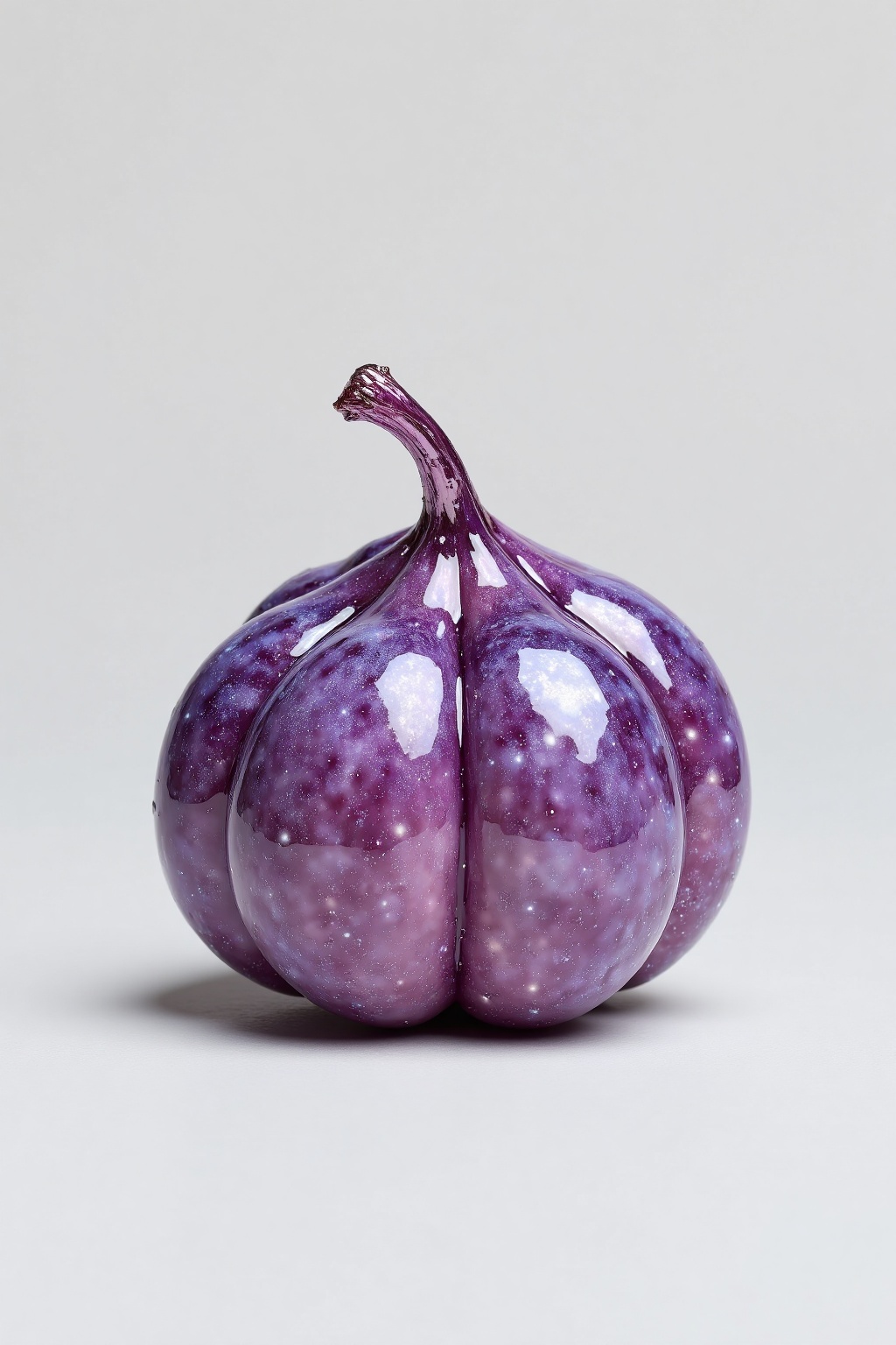 beijihui,Captured from a low-angle perspective on a stark white backdrop, a glossy midnight blue fig is speckled with water droplets, adding a celestial glimmer to the visual. Its sleek, polished skin reflects a dim violet light, sharply contrasting the dark, inky tone of the fruit. A short twisted stem with a faint silver shimmer draws focus within the minimalist composition.