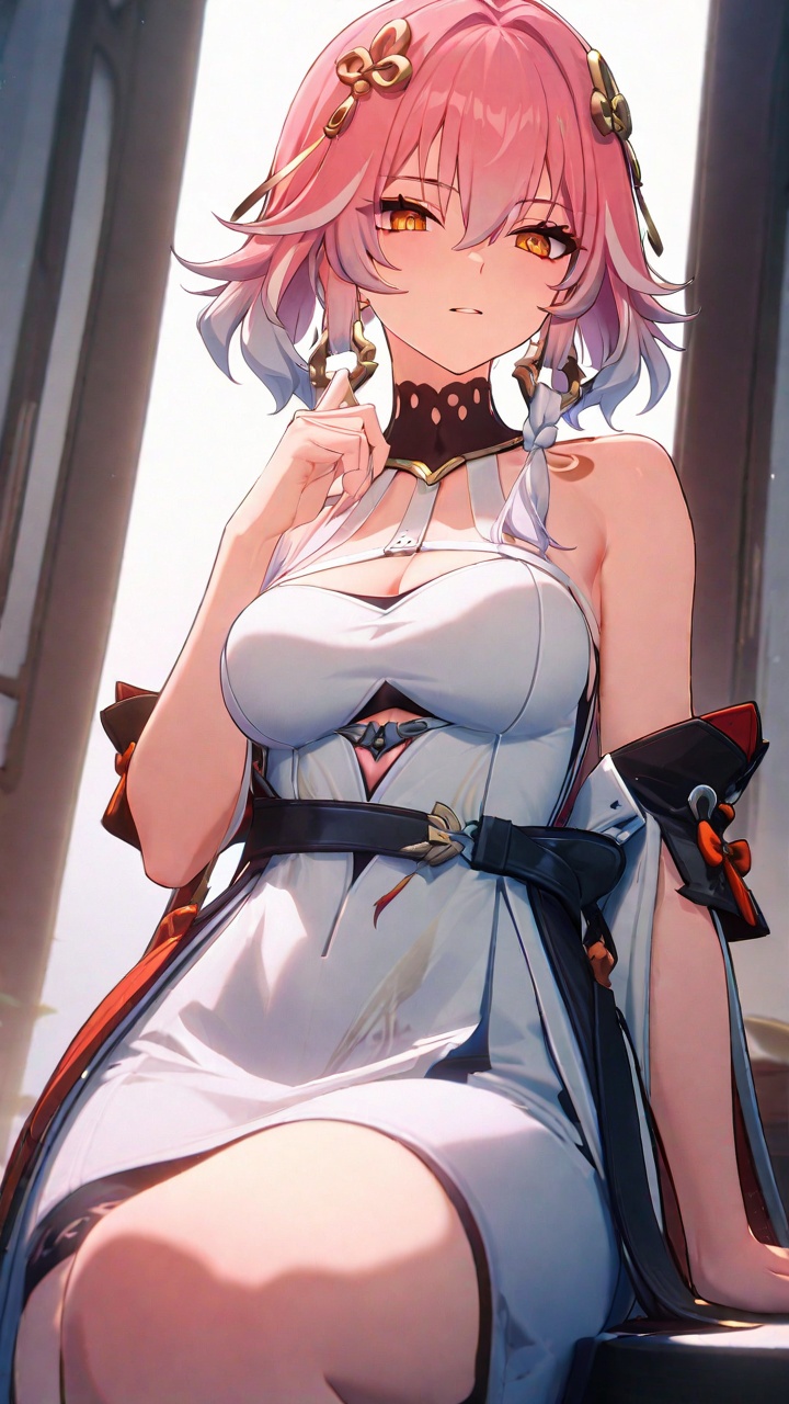 \(mingchao/changli\),pink hair,bare shoulders,white dress,<lora:mingchao_changli_XL_v1_1-000005:0.6>,, masterpiece,best quality,very aesthetic,absurdres,
