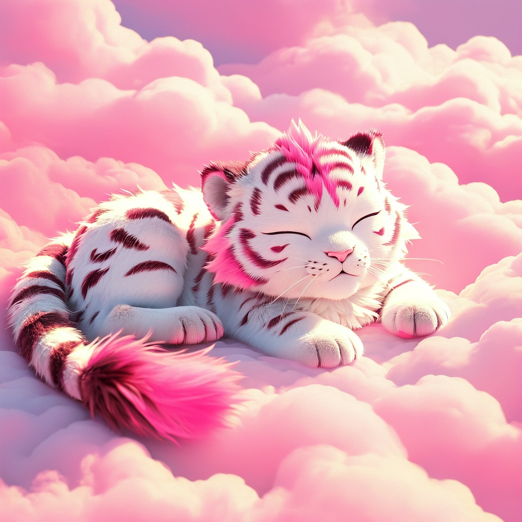 yinhu, tigger, fluffy, pink pattern, soft lighting, tiger boy, white fur, whimsy and dramatic lighting, warm colors, tigger focus, mf-movie-filter, cc-color-correction, cute, whiskers, :3, ^ ^, no humans, closed eyes, tiger, cloud, red theme, lying, full body, solo, cloudy sky, sleeping, closed mouth, pink theme, sky<lora:yinhu_rev:0.8>,