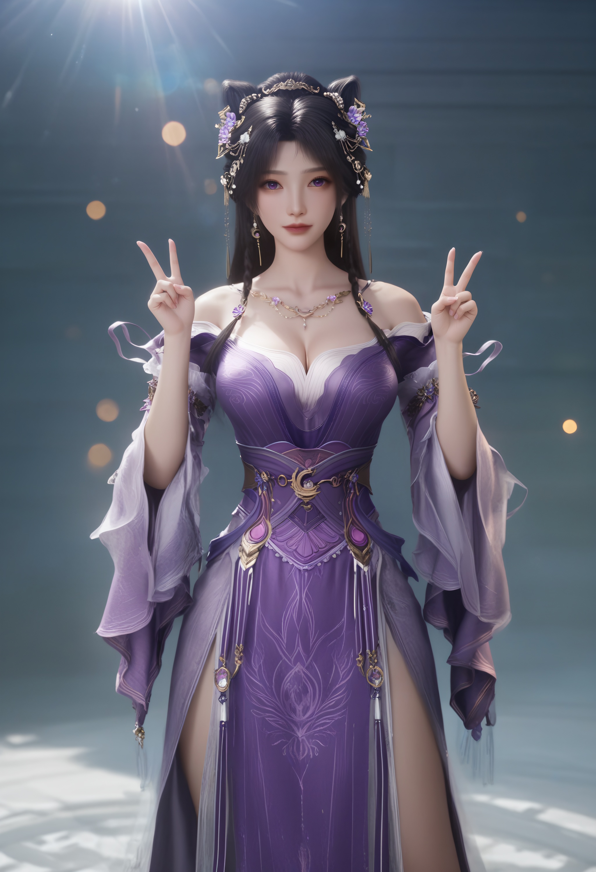 (score_9),1girl,solo,<lora:姬紫月-Apony-000008:0.83>,jiziyue,jewelry,hair ornament,black hair,hair flower,long hair,double bun,braid,earrings,off-shoulder dress,purple dress,necklace,purple eyes,waist belt,collarbone,cleavage,large breasts,BREAKsolo focus,cowboy_shot,front view,eye-contact,looking_at_viewer,(double v),<lora:e肤色滑块:0.8>,(light_skin),(white_skin),BREAKsimple background,depth of field,lens_flare,bokeh,