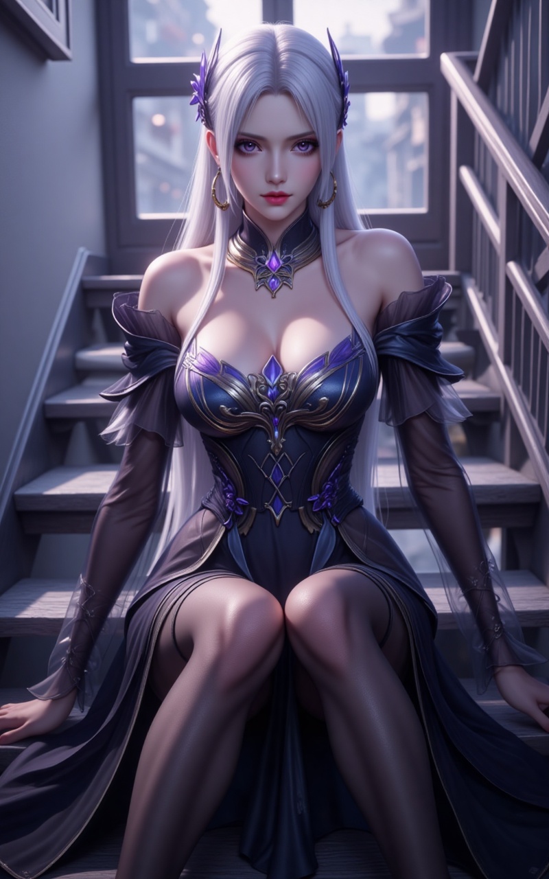xiaoyixian,lvjing,white hair,long hair,purple eyes,jewelry,hair_ornament,1girl,stairs,jewelry,pantyhose,solo,earrings,sitting,dress,looking at viewer,black dress,black pantyhose,sitting on stairs,long sleeves,breasts,closed mouth,window,hoop earrings,indoors,outdoors,cover,simple background,gradient_background,Close-up details,outstanding style,adding a touch of dimension to your images without compromising details,close-up,