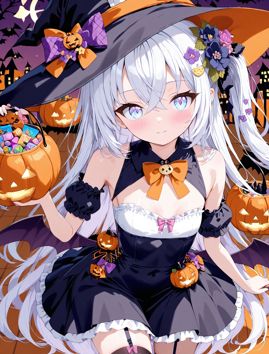 O,1girl, solo, hat, witch hat, long hair, white hair, azusa (blue archive), thighhighs, wings, halloween, garter straps, halo, looking at viewer, bare shoulders, dress, flower, small breasts, black thighhighs, hair between eyes, bangs, jack-o'-lantern, pink eyes, breasts, blush, black dress, food, frills, halloween bucket, cowboy shot, halloween costume, holding, candy, closed mouth, hair flower, hair ornament, bow, black headwear, very long hair