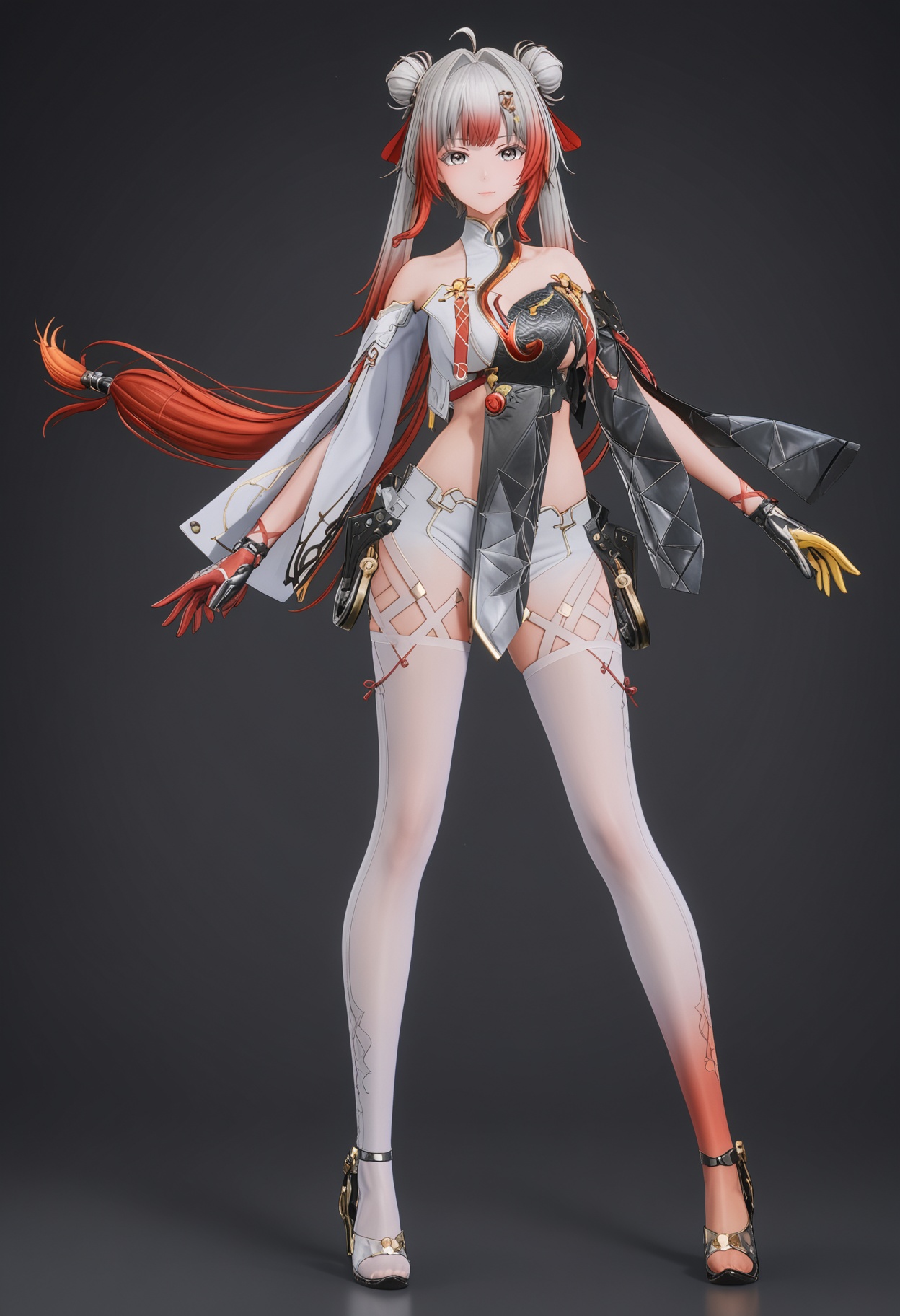(standing full_body:1.1),score_9,score_8_up,masterpiece,(best quality),intricate details,facing viewer,(looking at viewer:1.1),<lora:YQ_pony_bubu_V4:0.8>,q1528437228,1girl,solo,red hair,multicolored hair,grey hair,long hair,hair ornament,gradient hair,hair bun,double bun,chinese clothes,twintails,grey eyes,dress,detached sleeves,gloves,hair intakes,thighhighs,white pantyhose,white thighhighs,shorts,high heels,two-tone hair,pelvic curtain,thighs,white shorts,BREAKscore_9,score_8_up,masterpiece,(best quality),perfect anatomy,(hourglass),perfect face,(simple background,pure black background,black background:1.1),fair_skin,shiny_skin,Ivory_skin,