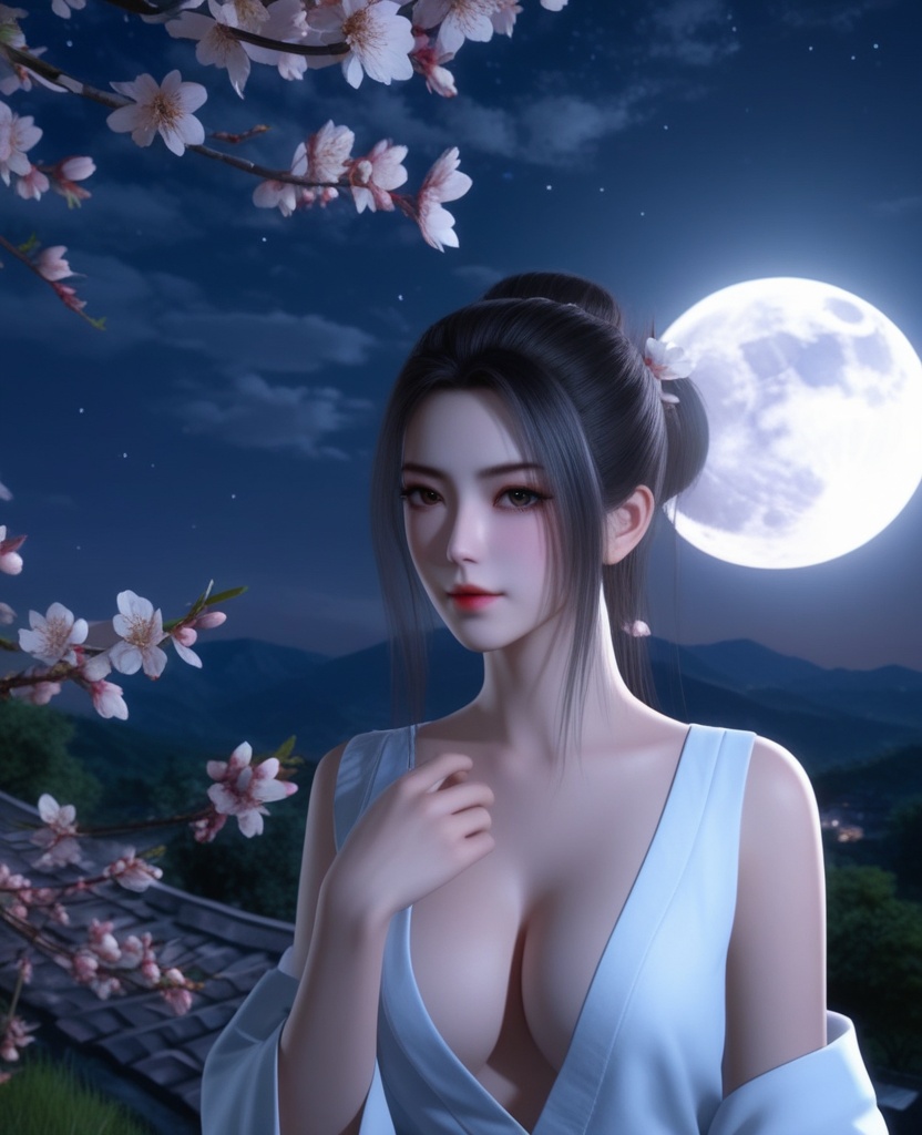 <lora:609-DA-XL-天行九歌-焰灵-水中:0.8>(,1girl, ,best quality, ),looking at viewer,  ,ultra detailed background,ultra detailed background,ultra realistic 8k cg,, ,masterpiece, (( , )),, ,   ,   cure blossom, full moon,night,night sky,  (cleavage), (), ,,