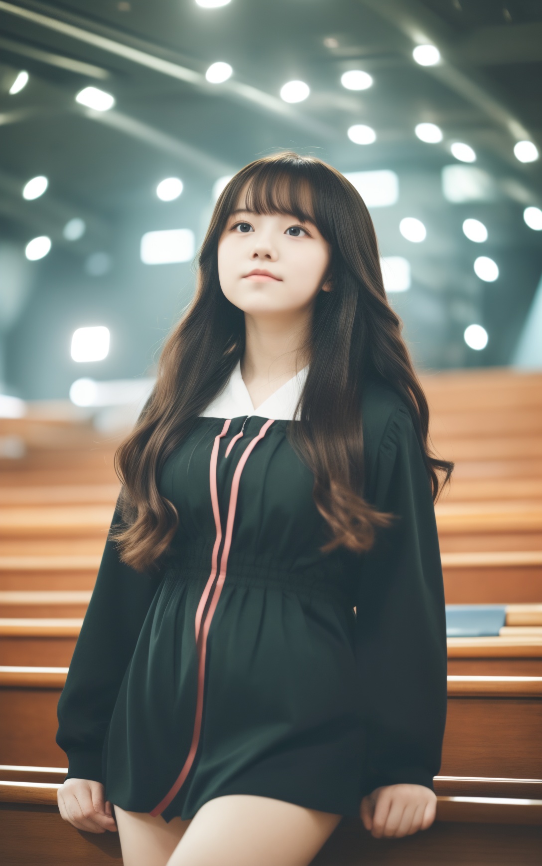 (((masterpiece))) , (((best quality))) , anime style, 2d, large lovely 1girl, solo, she is Singing in a choir, the Girl is very Basic, from the Computer Age, her hair is Gaelic, key visual