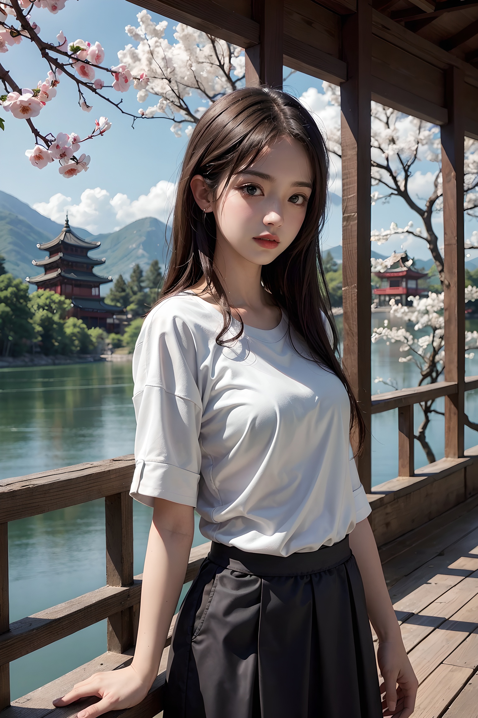 Character as the main body,HighestQuali,blurry background,detailed detail,one-girl,long whitr hair,Body shots,a skirt,dfsy,a painting of a chinese landscape with a pagoda and trees in the background and a lake in the foreground,tree,bare_tree,traditional pavilion,ink and wash,chinese architecture,architecture,outdoors,building,bridge,