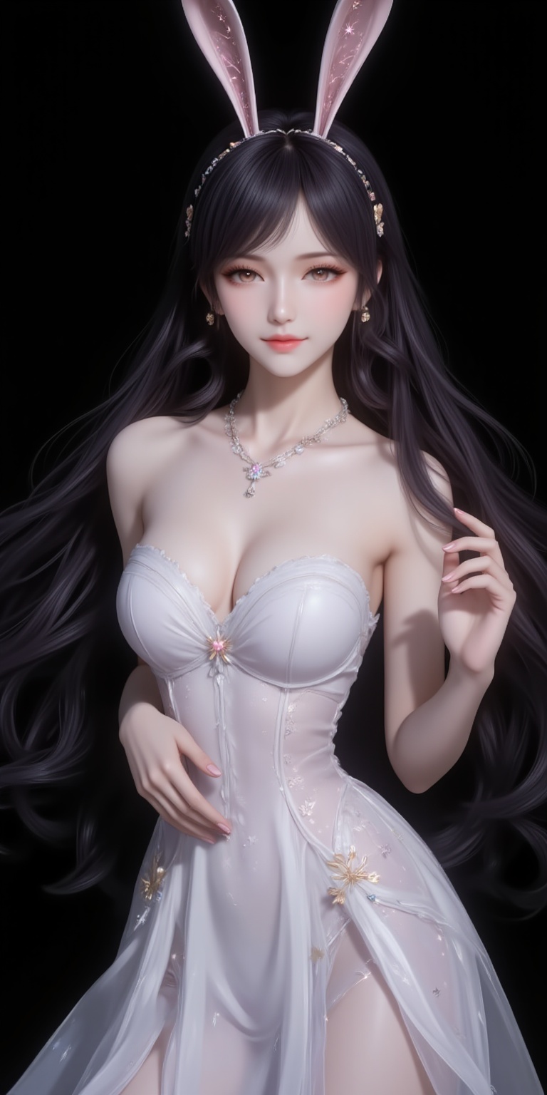 <lora:婚纱1·人物百搭款6:1.1>,hunsha,1girl,dress,solo,breasts,white dress,cleavage,bare shoulders,medium breasts,indoors,standing,strapless dress,sparkle,black_background,simple background,cover,gradient background,close-up details,outstanding style,adding a touch of dimension to your images without compromising details,close-up,<lora:DJ滤镜_2.5D版:0.3>,lvjing,<lora:油画唯美滤镜15:0.2>,baoshi,<lora:江楠楠·衣服百搭款6:1.1>,jiangnannan,black hair,long hair,wavy hair,very long hair,brown eyes,fair_skin,rabbit ears headwear,