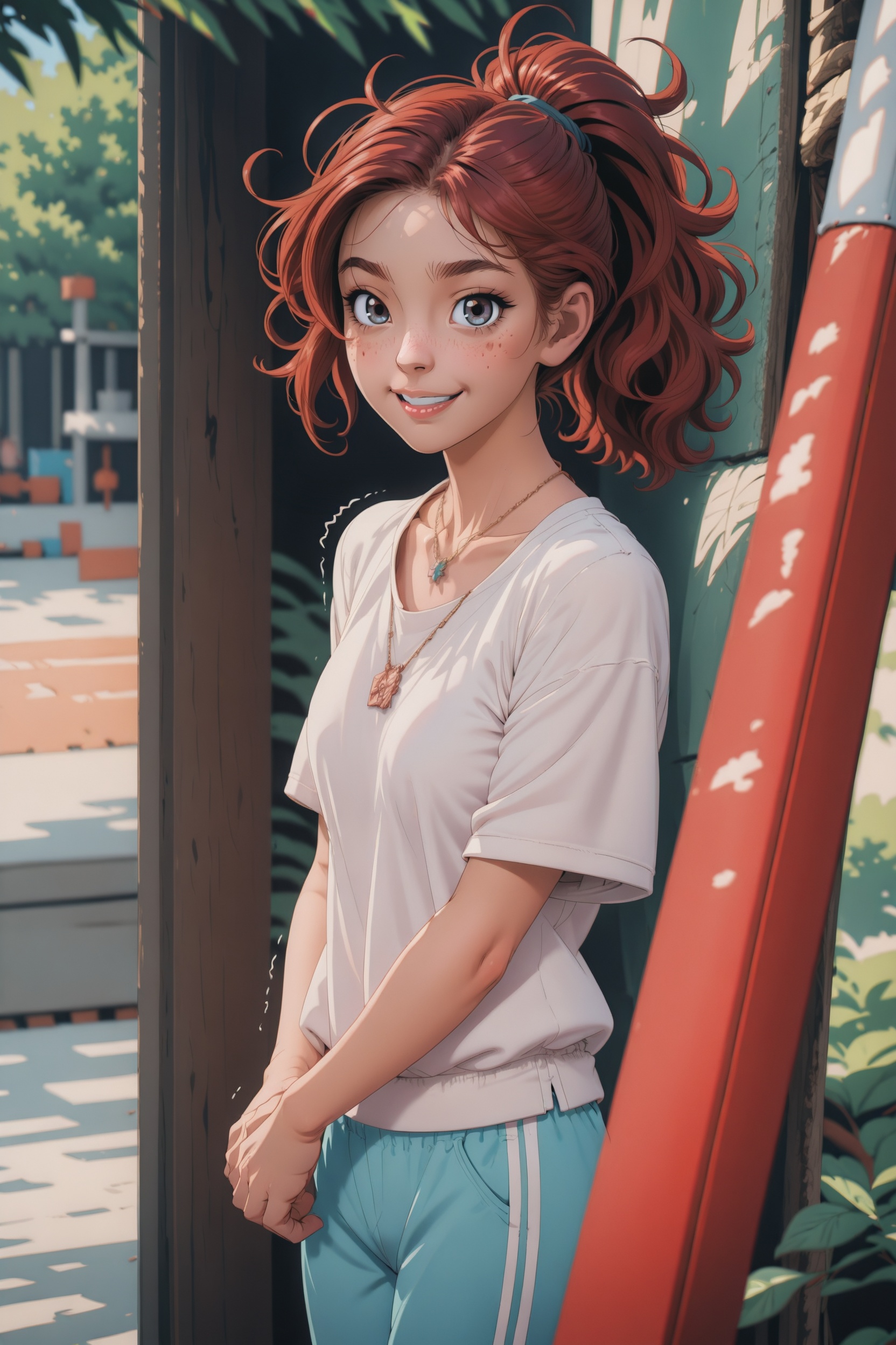 .,.,.,.,messy,messy hair,messy clothing,twitching,trembling,cowboy shot,gym shorts,collarbone,wavy hair,looking at viewer,blurry foreground,necklace,contemporary,plain pants,ponytail,freckles,red hair,dappled sunlight,smile,happy,sideways,