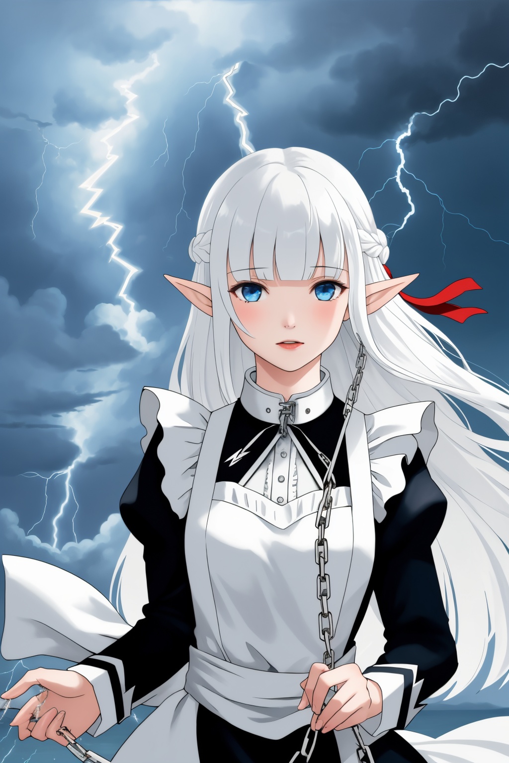 realistic,Nephelia,1girl,pointy ears,blue eyes,very long hair,white hair,elf,maid,collar,braid,blunt bangs,hair ribbon,<lora:lbc_Nephelia_v1.0:0.8>,((breeze)), flying splashes, flying petals, wind,(detailed light), ((lightning in hand)),lightning surrounds,(((lightning chain))),