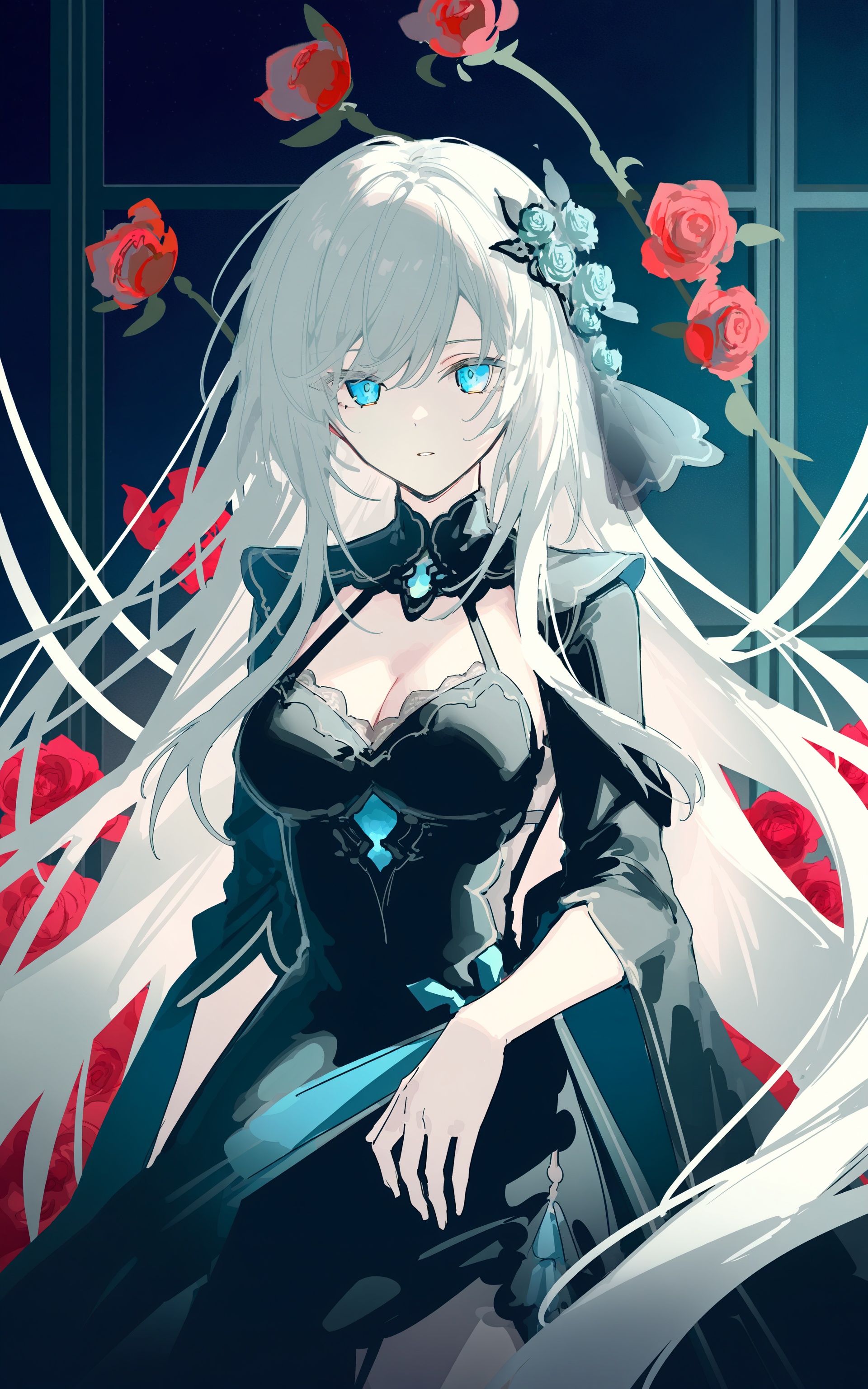 1girl,solo,dress,flower,blue eyes,breasts,black dress,long hair,hair ornament,cleavage,looking at viewer,rose,very long hair,