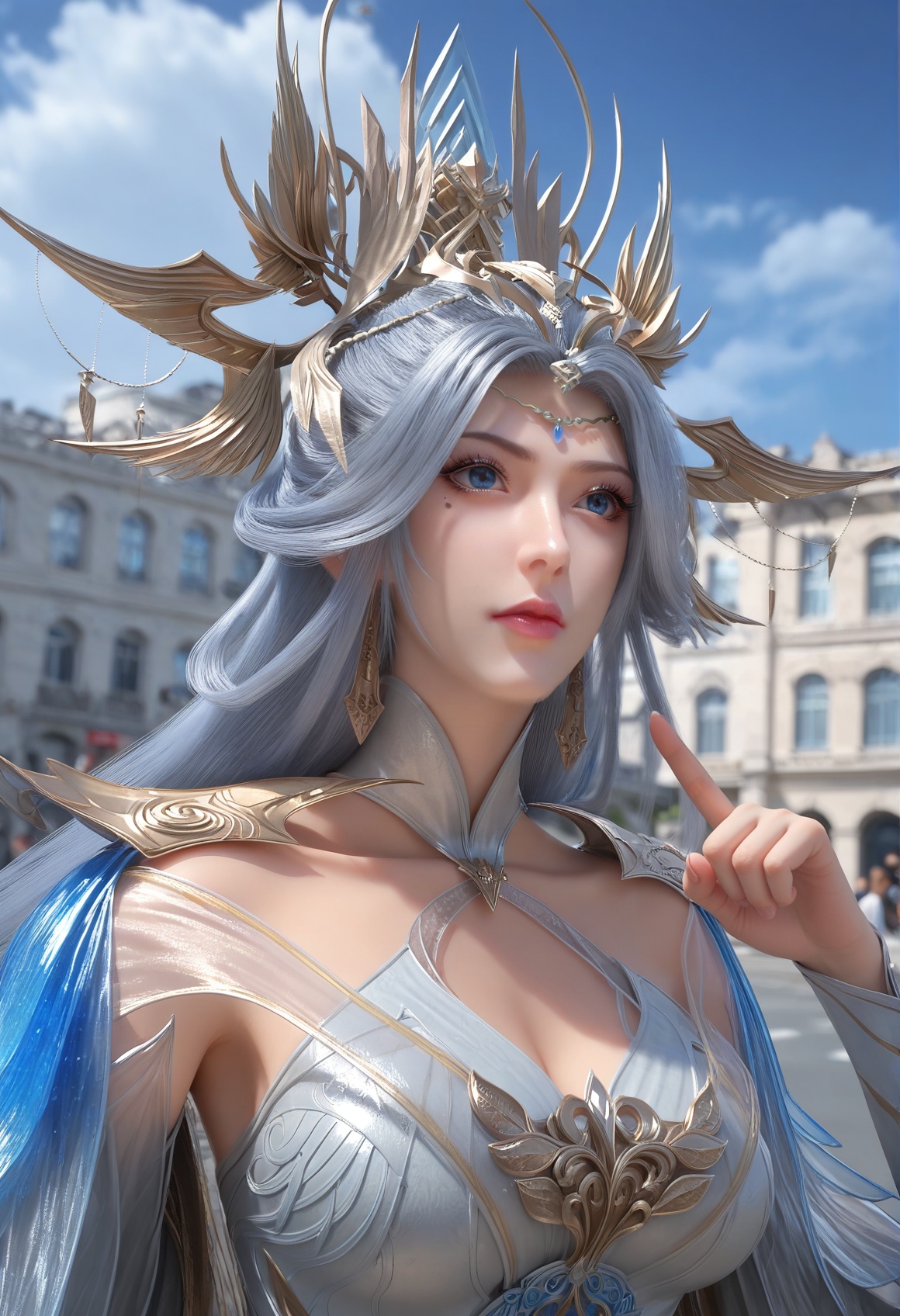 (score_9),<lora:宁雨蝶-apony:0.8>,nyd,(mature_female:1.1),solo,hair ornament,tiara,long hair,hair bun,mole under eye,shoulder guard,high collar,detached collar,detached sleeves,dress,circlet,jewelry,dangle earrings,<lora:perfect eyes_v1:0.8>,blue eyes,front view,<lora:Expressive_H-000001:0.8>,(middle_finger:1.1),glamor,collarbone,pointy breasts,puffy breasts,large breasts,outdoors,street,blue sky,blur background,building,city,cloud,cloudy sky,day,depth of field,(white_skin:1.1),(fair_skin:1.1),