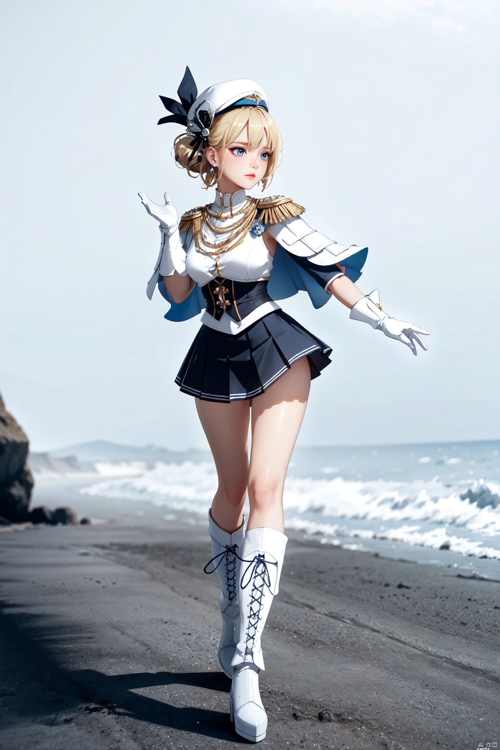 Realistic style, cinematic work, 8K wallpaper, masterpiece, very realistic quality, best quality, masterpiece, high-level, high-resolution,,,Edge lighting, dual tone lighting, soft lighting, The illuminated surface of the material has bright spots and highlights, which flicker and have a mirror effect when reflected, There are sparkling spots on the armor,,,1 girl, mature female, solo, full body, looking at viewer, lace, strong rim light, Standard proportion of female body, golden proportion of female body,,,Standing, standing posture, Sexy full body standing posture,,,,(yonggan, 1girl, blonde hair, blue eyes, short hair, hair bun, hair ribbon, hat, gloves, white gloves, boots, skirt, ribbon, epaulettes, blush, cape, pleated skirt, knee boots, cross-laced footwear, breasts, white skirt, blue headwear,:1.2),,bare shoulders, off shoulder, black hairband, bikini bottom only, short dress, swimsuit, pleated dress, bikini, floating hair, blush, ass visible through thighs, skirt,White high-heeled shoes,:1.2),,,colorful,(detailed skin: 1.3), (detailed face: 1.3),clear focus,delicate,(mature women: 1.2),(glossy skin+glossy skin: 1.4),(sweating: 1.1),(big_eyes),red_ eyeshadow,long_ Eyelashes, red lips,,,simple background, grey background,,,(Diamond hair accessories, diamond necklaces, diamond earrings, diamond earrings, clothes embedded with diamonds, armor embedded with diamonds,:1.3),,yonggan<lora:EMS-326014-EMS:0.230000>