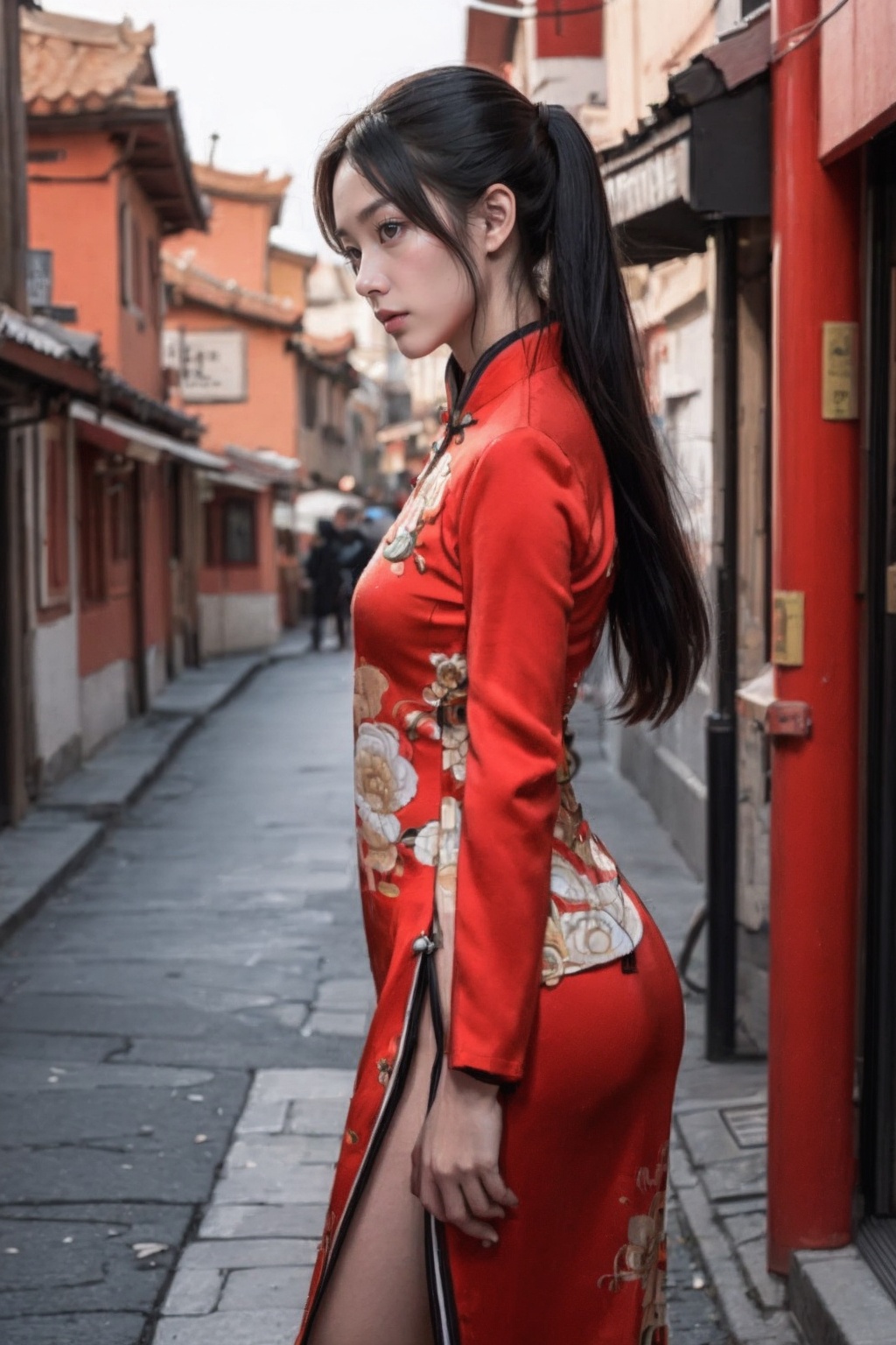 (best quality:1.4),(masterpiece:1.4),(photorealistic:1.4),(Realistic:1.2),(ultra high res, raw photo:1.4),(hdr, hyperdetailed:1.2),(8K:1.2),cinematic photo 1girl,black long hair,<lora:AgainMix_ChineseNewYearSkirt2:1>,chinese clothes,red hanfu,from side,chinese style architecture,New Year's holiday atmosphere,Firecracker,lantern,<lora:hand:0.4>,