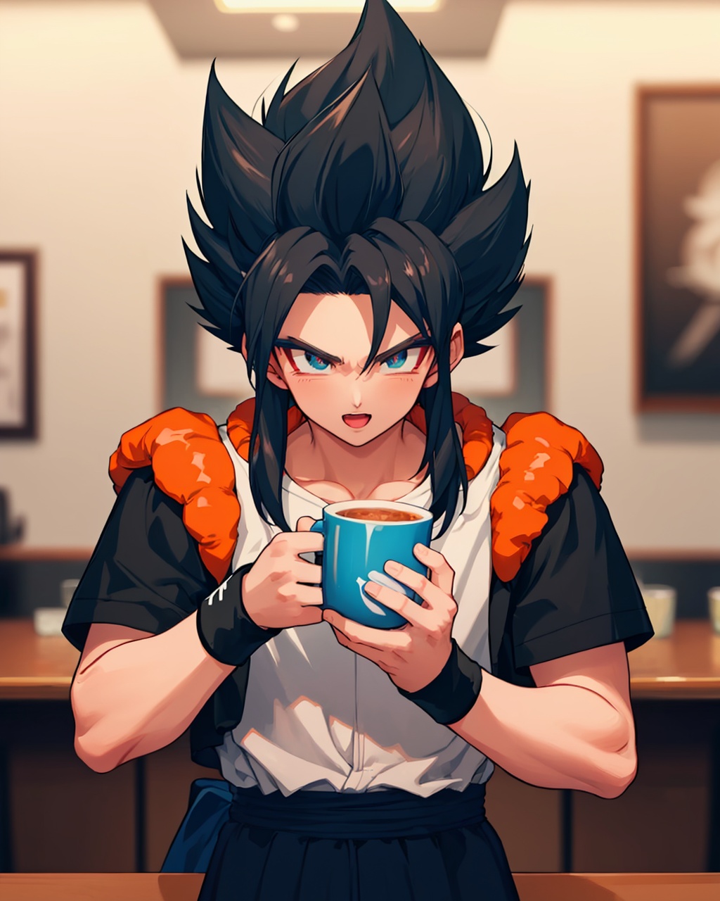 masterpiece,best quality, highly detailed, gogeta,solo, drinking, male focus, 1boy, super saiyan, holding cup, parody, blurry background, twitter username, upper body, wristband, artist name,<lora:gogeta:1>