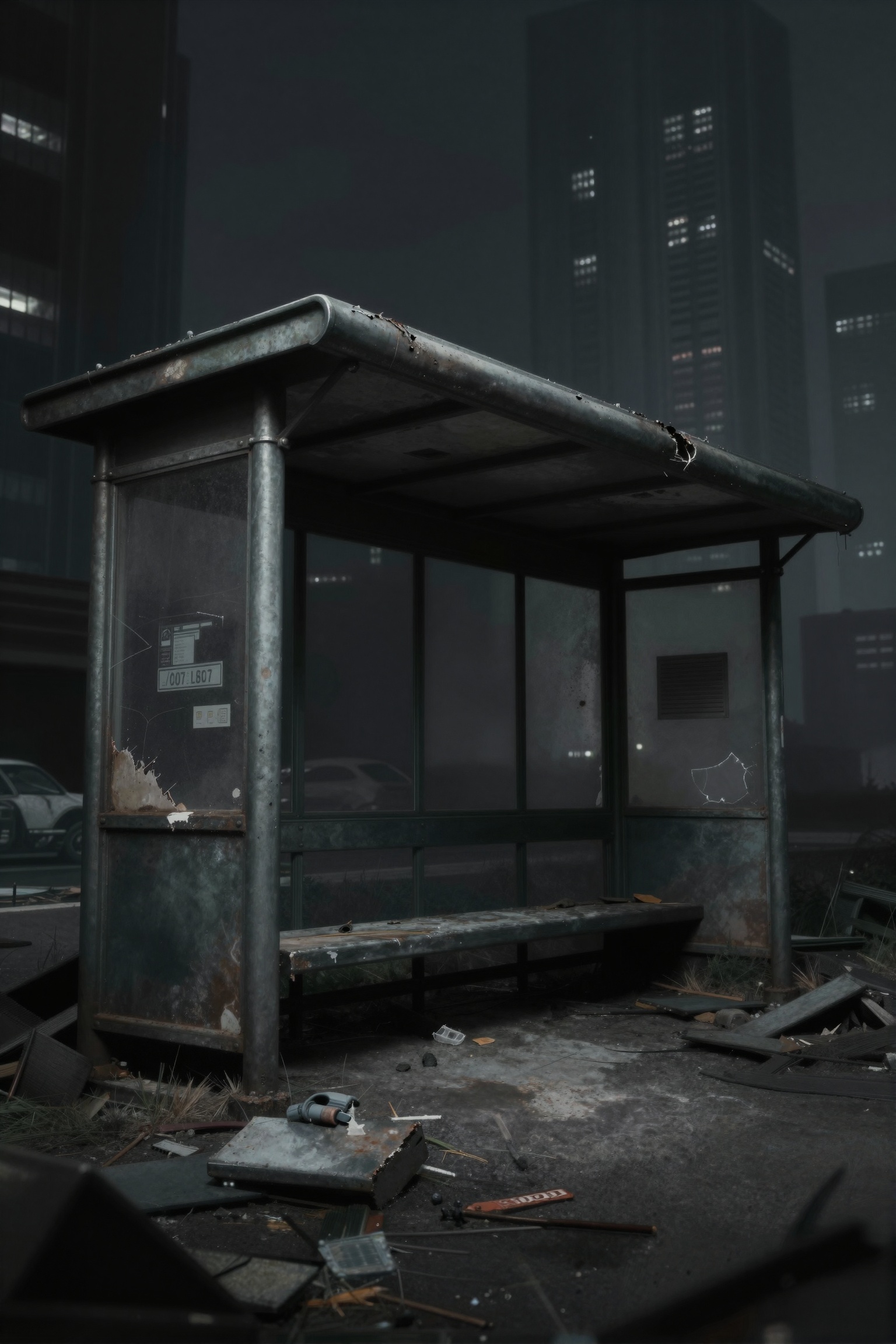 In the dystopian landscape of a cyberpunk world gone to ruin,  a bleak and foreboding bus stop looms like a monolith,  an...