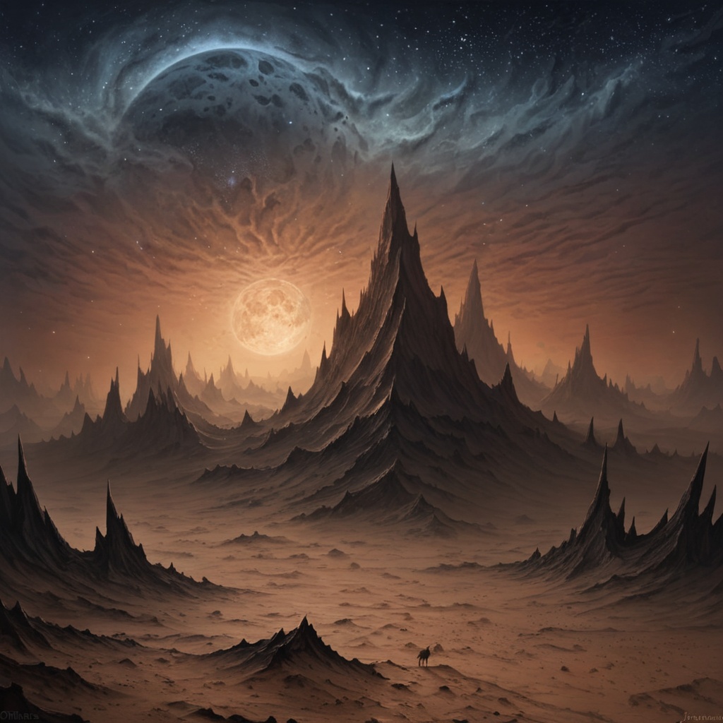 A surreal moonscape,  where jagged peaks rise from a barren expanse of dust,  and strange on Tensor.Art