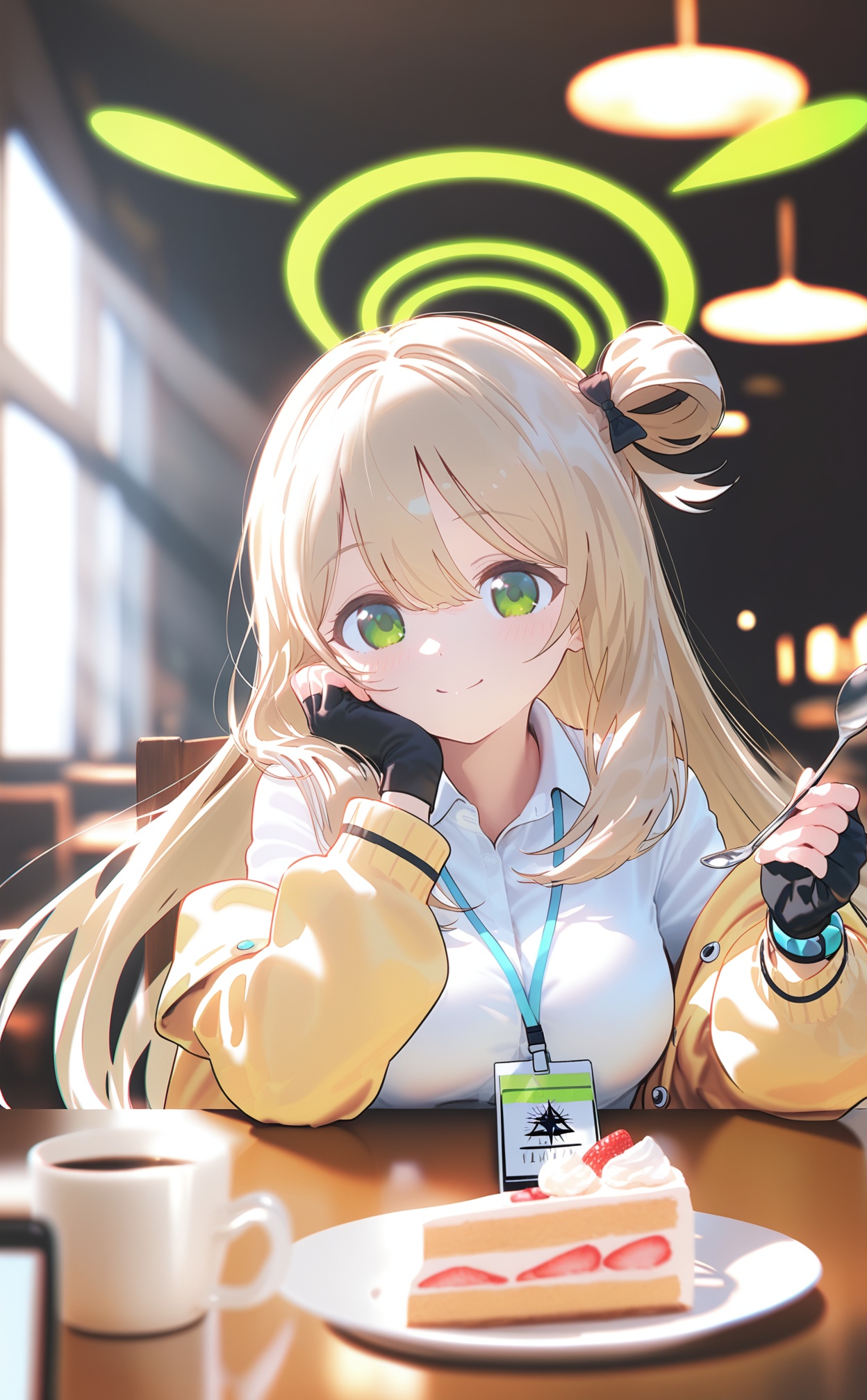 masterpiece,best quality,high quality,loli,chromatic_aberration,//,1girl,solo,nonomi (blue archive),long hair,white shirt,shirt,jacket,looking at viewer,yellow jacket,table,gloves,halo,fingerless gloves,collared shirt,cake,food,closed mouth,blonde hair,spoon,long sleeves,black gloves,holding,bow,off shoulder,open jacket,open clothes,cake slice,single side bun,head rest,green halo,plate,upper body,chair,lanyard,hair bow,fork,black bow,yellow eyes,holding spoon,smile,cafe,hair bun,sitting,indoors,holding fork,id card,breasts,green eyes,cup,//,//,official art,depth of field,detailed light,blurry background,cinematic lighting,ray tracing,ultra detailed,god rays,backlighting,photo background,film grain,chromatic aberration,volumetric lighting,depth of field,blurry background,shiny skin,floating hair,cinematic lighting,day,very aesthetic,<lora:MAQ326——【noob】hans:0.8>,