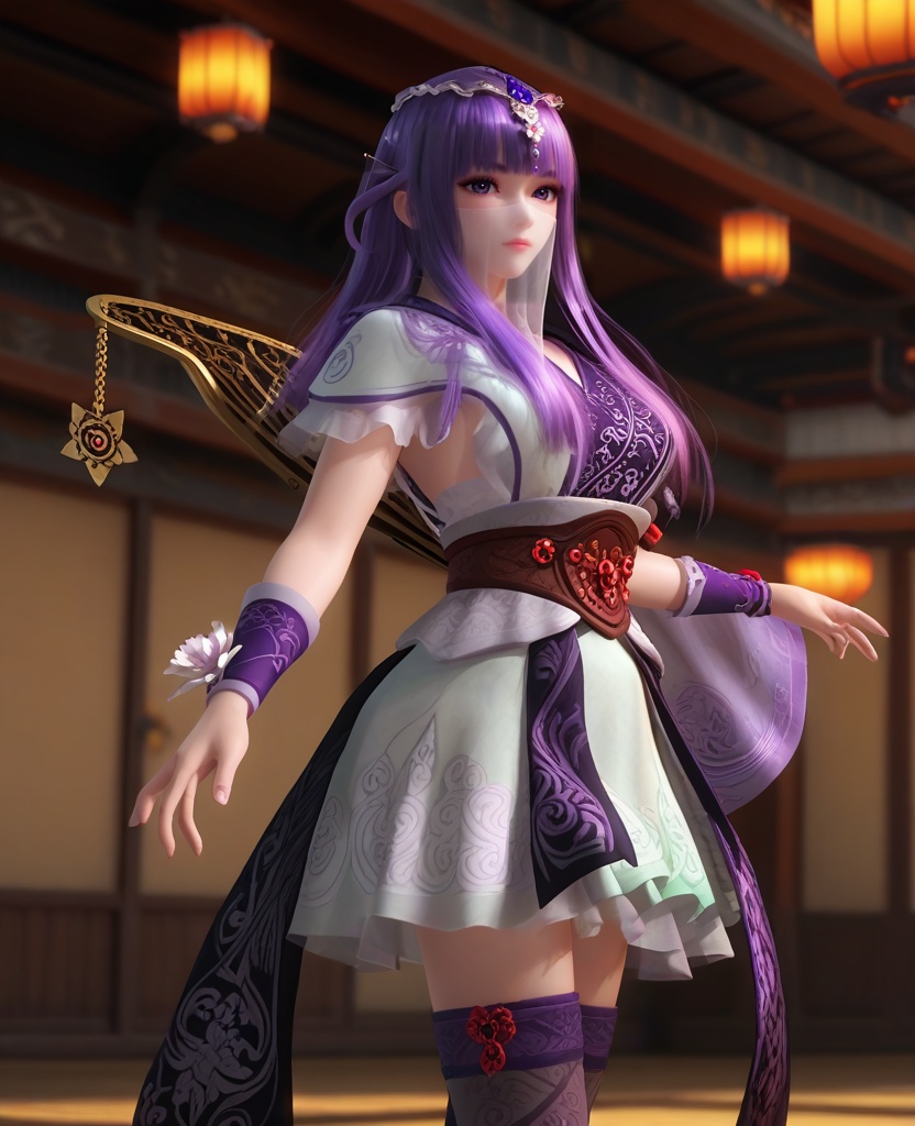 (oriental architecture, elegant decor, sophisticated style:1.1),(Reaching out to touch a flower, exuding wonder and appreciation,:1.1),(breasts:1.2),<lora:XL16秦时明月少司命:0.95>,priestess of birth,short dress,veil,purple eyes,purple hair,long hair,hime cut,hair ornament,back-crossing sash,thighhighs,wristband,bell,, score_9,score_8_up,score_7_up,score_6_up,score_5_up,score_4_up,3d rendering,tag1,tag2, Cinematic Lighting,backlighting,