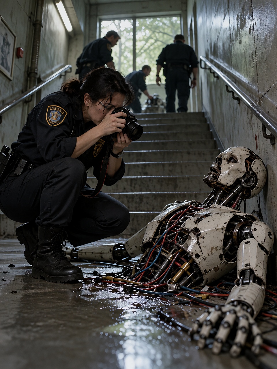 Photograph of a dark-haired woman with glasses,  crouching in a dimly lit,  concrete hallway on Tensor.Art