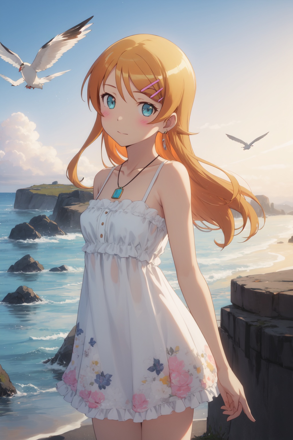 <lora:Kirino-000005:0.8>,Kirino cyql,1girl,looking at viewer,solo,long hair,orange hair,hairclip,hair ornament,aqua eyes,blush,necklace,jewelry,Floral embroidered sundress with a sweetheart neckline,Angry, tightened jaw, squinted eyes, and raised eyebrows.,cowboy_shot,beautiful face,beautiful eyes,glossy skin,shiny skin,Coastline, Rocks, Sea stacks, Waves, Seagulls, Cliffs, Tide pools, Coastal erosion,(Cherry blossoms, Garden path, Dawn light, Sakura petals, Tranquil setting, Japanese elegance:0.6),beautiful detailed sky,beautiful detailed glow,posing in front of a colorful and dynamic background,masterpiece,best quality,beautiful and aesthetic,contrapposto,female focus,wallpaper,fashion,