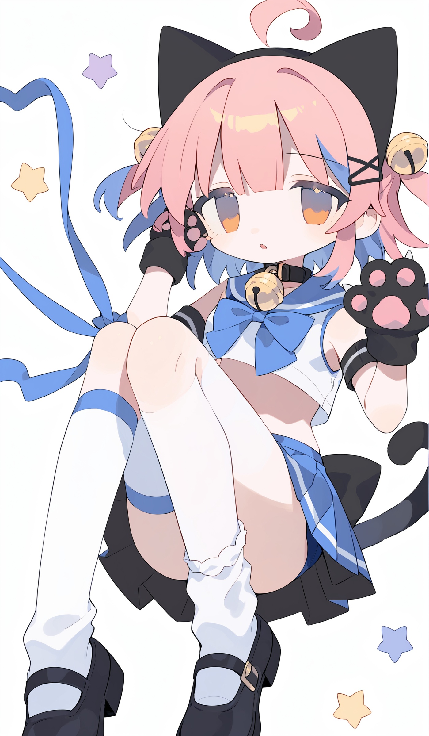 1girl,bell,tail,solo,animal ears,cat ears,cat tail,tail ornament,skirt,paw gloves,pleated skirt,bangs,jingle bell,ahoge,gloves,shoes,thighhighs,hair ornament,blue skirt,neck bell,tail bell,sailor collar,animal hands,looking at viewer,simple background,blue hair,tail ribbon,black gloves,swimsuit,socks,fake animal ears,asymmetrical legwear,collar,shirt,blue sailor collar,two side up,uneven legwear,cat girl,pink hair,star (symbol),hands up,white shirt,uwabaki,parted lips,kneehighs,ribbon,white socks,hairband,one-piece swimsuit,white thighhighs,swimsuit under clothes,serafuku,tail bow,single thighhigh,grey background,star hair ornament,short hair,multicolored hair,single sock,school uniform,no nose,orange eyes,mary janes,sleeveless,<lora:6.1:1>,, score_9,score_8_up,score_7_up,Expressiveh,rating_safe,(masterpiece, best quality)