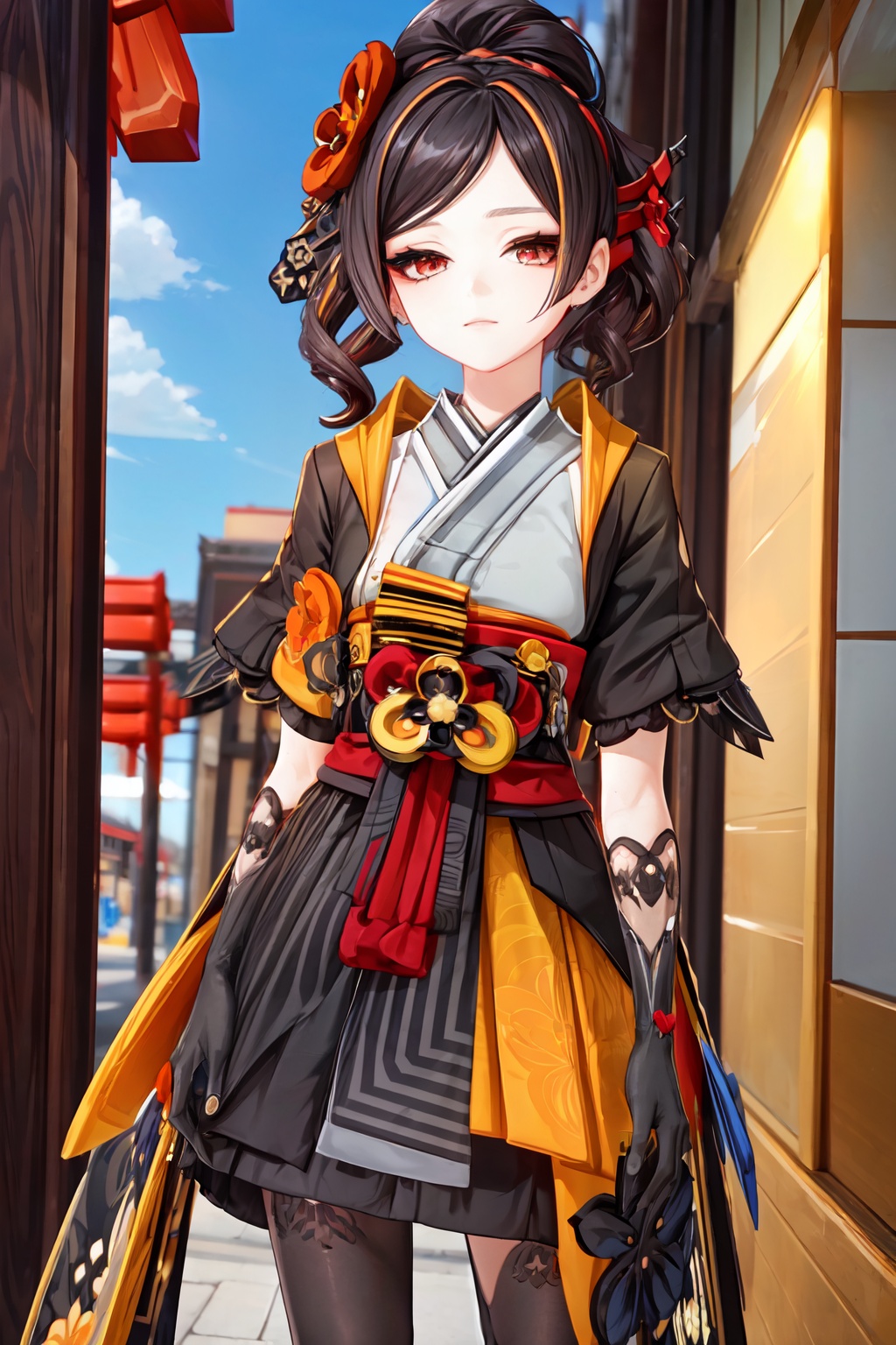 insanely detailed,absurdres,ultra-highres,ultra-detailed,best quality,slender,kawaii,perfect symmetrical face,ultra cute girl,ultra cute face,ultra detailed eyes,ultra detailed hair,ultra cute,ultra beautifu,Chiori,solo,1girl,red eyes,short sleeves,neck ribbon,overlapping collar,japanese clothes,kimono skirt,black gloves,elbow gloves,black pantyhose,black footwear,outdoors,<lora:qianzhi_2-000005:0.9>,
