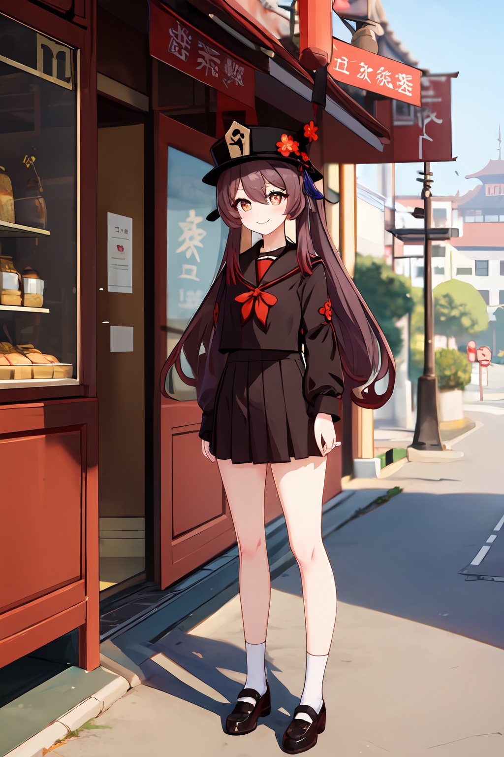 masterpiece,best quality,hu tao,1girl,solo,(serafuku:1.3),looking at viewer,full body,plum-shaped pupils,standing,smile,<lora:hutao-000009:0.6>,cafe,street,cityscape,east asian architecture,