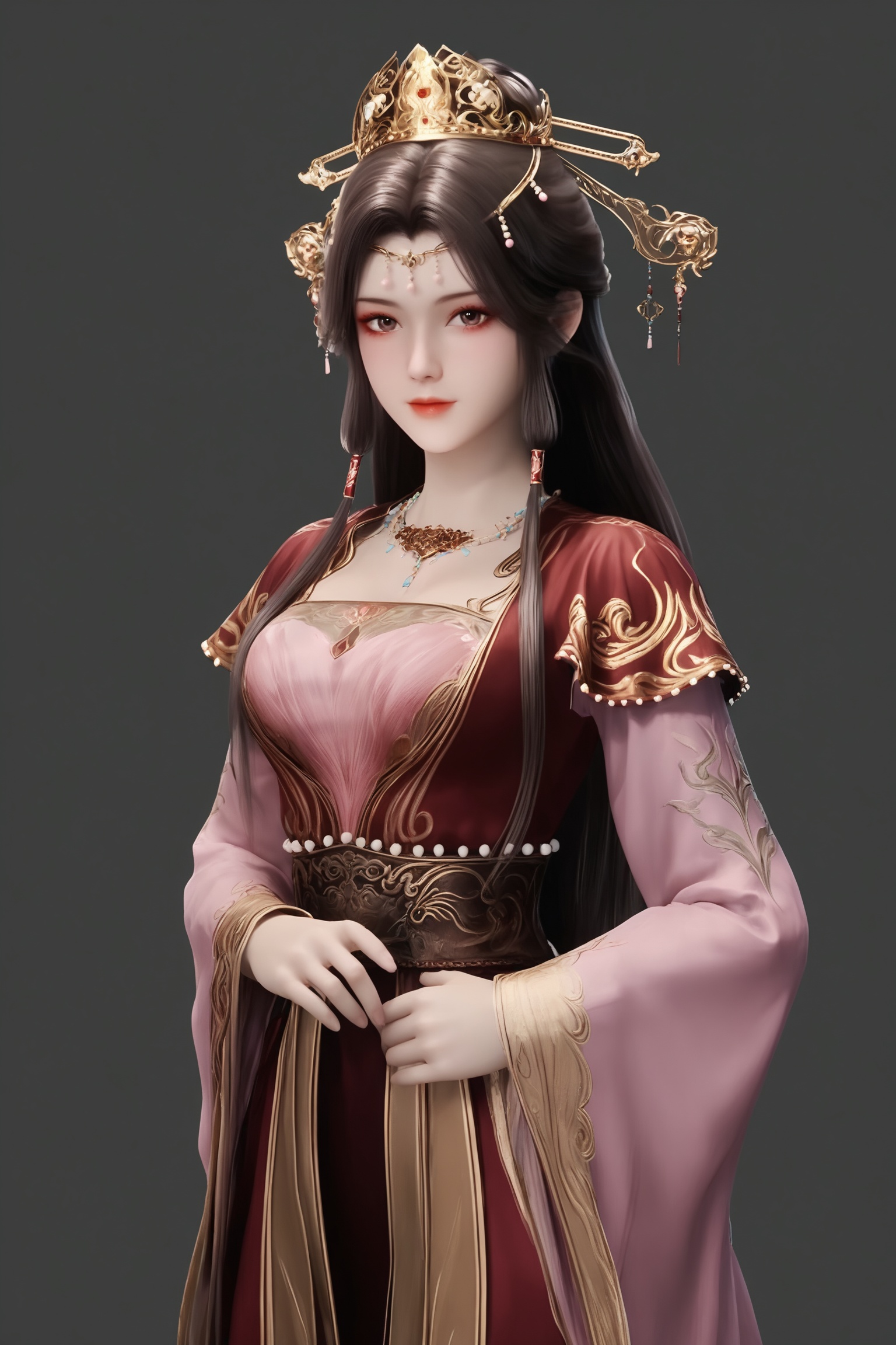 breasts,black background,standing,looking at viewer,<lora:牧神记-灵毓秀新装Pony:0.8>,1girl,long,dark brown hair,long,dark brown hair,elaborate,flowing pink and red robe,gold embroidery sleeves,
