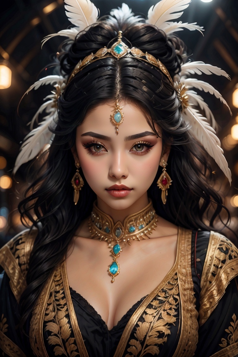 (best quality, 4k, 8k, highres, masterpiece:1.2), ultra-detailed, (realistic, photorealistic, photo-realistic:1.37), photorealistic, 1girl,long hair,black hair,hair ornament,cleavage,brown eyes,jewelry,medium breasts,upper body,earrings,parted lips,solo focus,dark skin,necklace,dark-skinned female,makeup,blurry background,feathers,gem,curly hair,realistic,headdress,feather hair ornament <lora:add_more_details_v3:0.8>