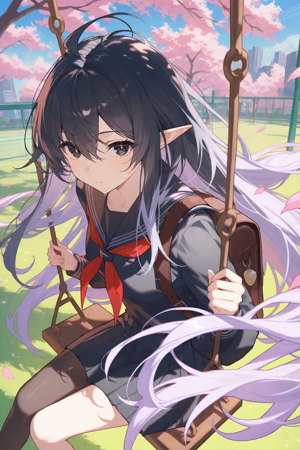 crisp,gwwj,Mika Pikazo,ezu,melting,Tender,1girl,solo,elf ears,very long hair,white hair,hair between eyes,disheveled hair,(messy hair:1.3),ahoge,yellow eyes,eyeshadow,long sidelocks,White dense eyelashes highres,absurdres,newest,very awa,masterpiece,best quality,year 2024,(upper body:1.6),1girl,solo,long hair,skirt,school uniform,swing,pantyhose,black pantyhose,black hair,pleated skirt,looking at viewer,serafuku,sitting,red neckerchief,sailor collar,neckerchief,long sleeves,outdoors,bag,closed mouth,black eyes,shirt,black shirt,black skirt,black serafuku,feet out of frame,\\,REMEMx,masterpiece,best quality,good quality,newest,year 2024,year 2023,very aesthetic,absurdres,Visual impact,A shot with tension,ultra-high resolution,32K UHD,sharp focus,best-quality,masterpiece,Emotionalization,unconventional supreme masterpiece,masterful details,temperate atmosphere,with a high-end texture,in the style of fashion photography,(Visual impact:1.2),insanely interplay between lights and shadows,(ray tracing),sunlight,reflective,masterful details,intricate details,soothing tones,high contrast,natural skin texture,soft light,sharp,giving the poster a dynamic and visually striking appearance,impactful picture,offcial art,colorful,splash of color,movie perspective,colorful,splash of color,