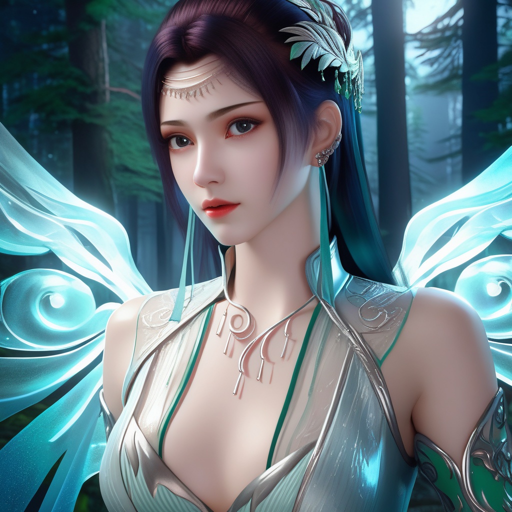 <lora:786-DA-XL-斗破苍穹-云韵-绿服:0.8>, (,1girl, ,best quality, ),looking at viewer,  ,ultra realistic 8k cg,(masterpiece:1.2),(best quality:1.2),(ultra detailed:1.2),(official art:1.3),(beauty and aesthetics:0.8),detailed,(intricate:0.8),(highly detailed),(solo),delicate countenance,1girl,fancy,(glassy texture:1.2),(crush:1.2),8k,accessory,tattoo,(transparent:1.1),gown,energy encirclement,instant,in the twinkling of an eye,upper body,woman in a mythical forest, masterpiece, perfect face, intricate details, horror theme, raw photo, photo unp(cleavage),, ,