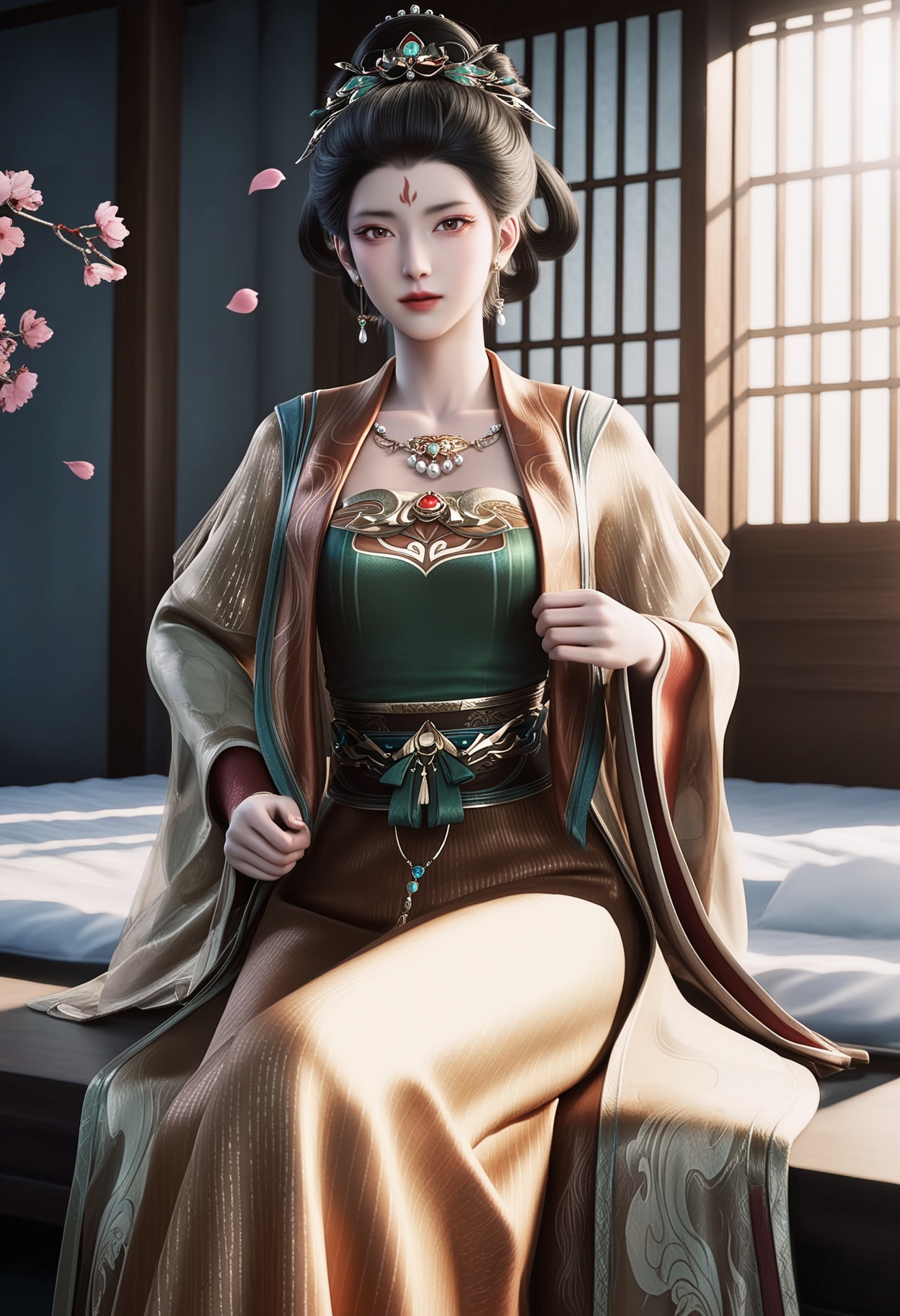masterpiece,best quality,amazing quality,very aesthetic,high resolution,ultra-detailed,absurdres,scenery,photorealistic,(looking at viewer:1.1),(Dark room:1.3),(moody lighting:1.1),peach blossom,falling petals,(large breasts:0.8),dalitaihou,1girl,solo,black hair,jewelry,earrings,chinese clothes,hair ornament,forehead mark,realistic,necklace,hair bun,dress,long sleeves,updo,hanfu,hair rings,brown eyes,makeup,wide sleeves,shoes BREAK photorealistic details,<lora:QQSilldalitaihouV1:0.8>,