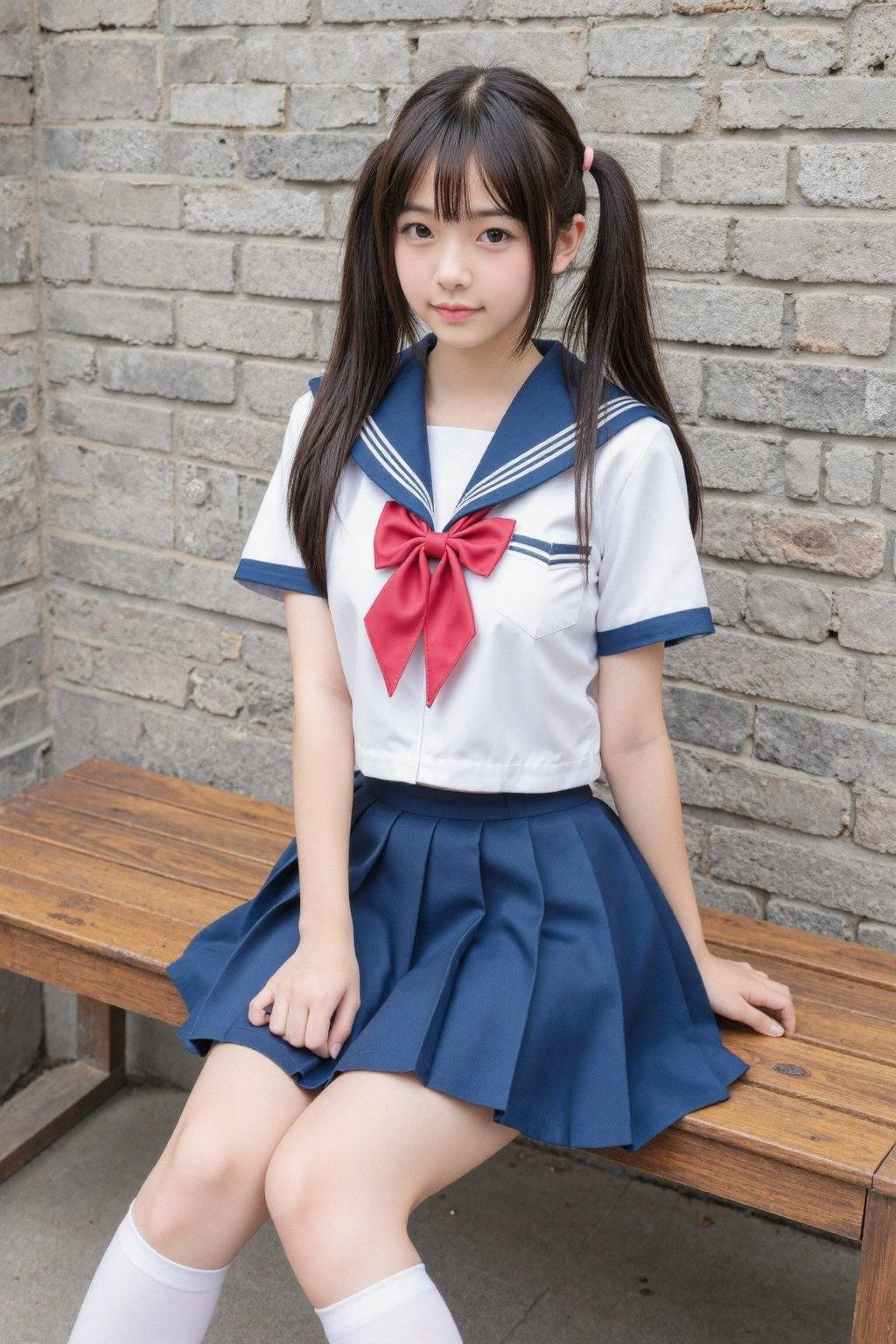 A young Asian woman dressed in a Japanese schoolgirl outfit with twin pigtails,  sitting on a wooden bench against a gray...
