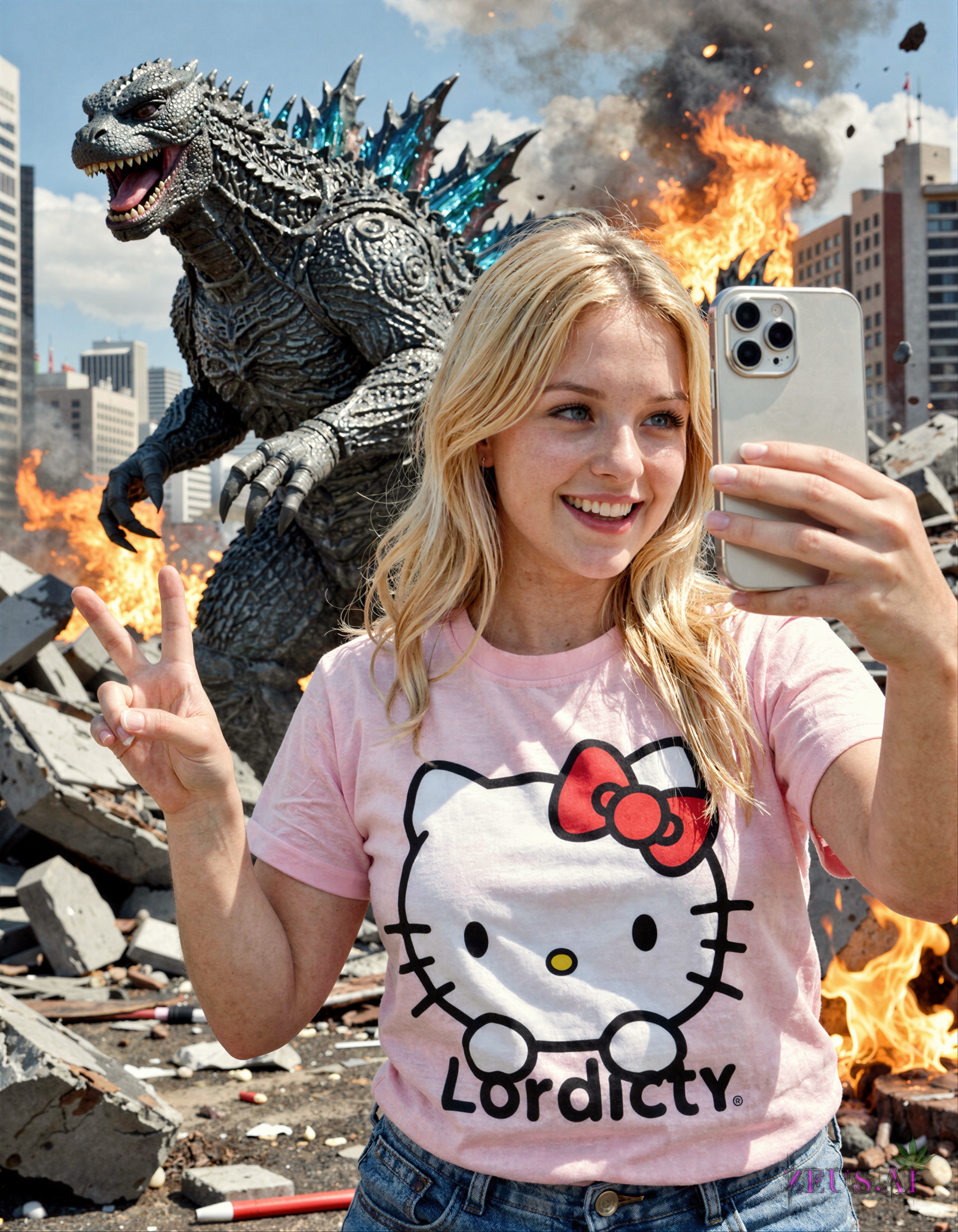 a beautiful blonde girl smiling and taking a selfie with an iphone,  dressed with a hello kitty pink t-shirt, on Tensor.Art