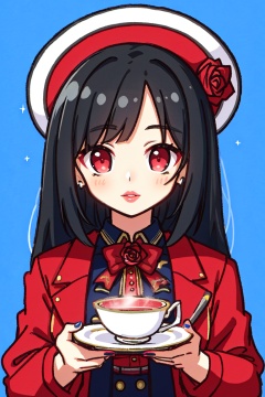 ((HRD, HUD, 8K)),((masterpiece, best quality)), highly detailed, soft light,1girl, solo, black hair, flower, holding, hat, cup, blue background, looking at viewer, bangs, multicolored hair, rose, simple background, teacup, holding cup, red jacket, red eyes, black headwear, jacket, white hair, plate, blunt bangs, long sleeves, upper body, red flower, saucer, shirt, holding saucer, pink eyes, makeup, nail polish, streaked hair, lips, holding plate, pink nails,