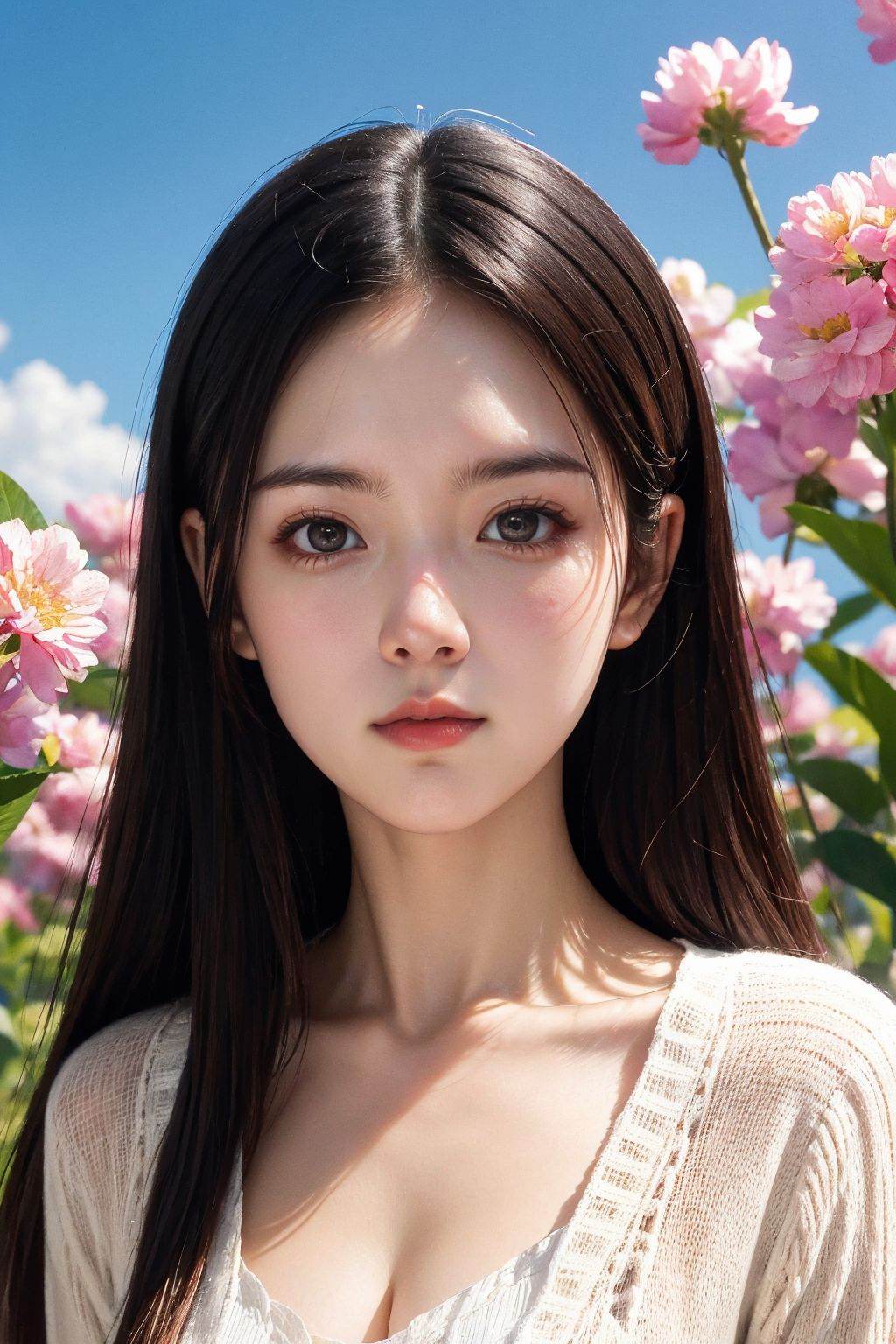 1girl, solo, sky, flower, closed mouth, looking at viewer, upper body,