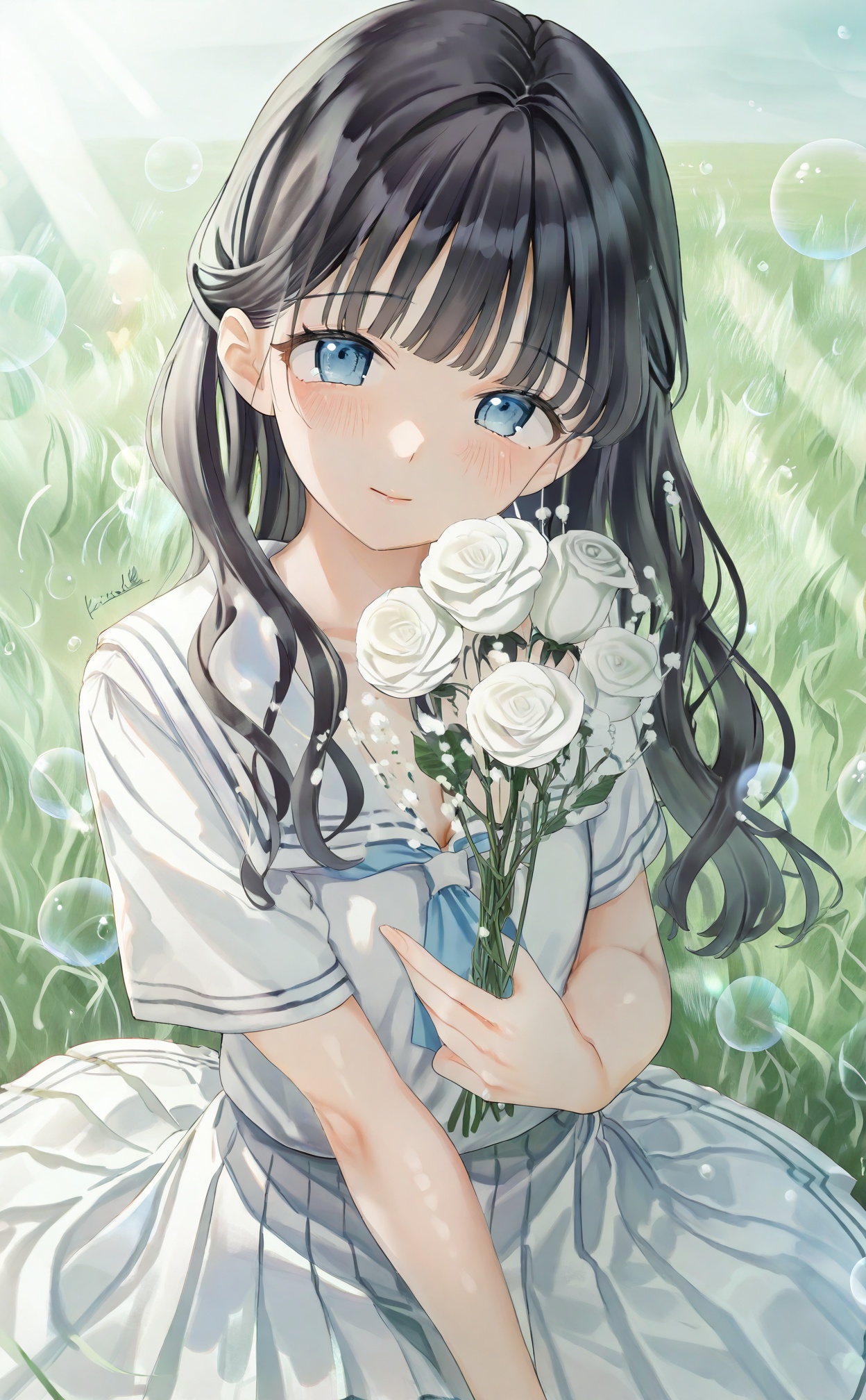 mmasterpiece,absurdres,best quality,petite,high quality,chromatic_aberration,//,1girl,solo,flower,white_skirt,skirt,black_hair,white_serafuku,white_flower,long_hair,holding,sailor_collar,holding_flower,school_uniform,looking_at_viewer,white_sailor_collar,shirt,white_shirt,rose,short_sleeves,serafuku,white_rose,blue_eyes,pleated_skirt,head_tilt,bubble,blush,grass,outdoors,closed_mouth,sunlight,on_grass,smile,parted_lips,day,blue_neckerchief,blunt_bangs,signature,bouquet,holding_bouquet,//,<lora:kinako_(shiratama_mochi)——【CKXL】hans:1>,