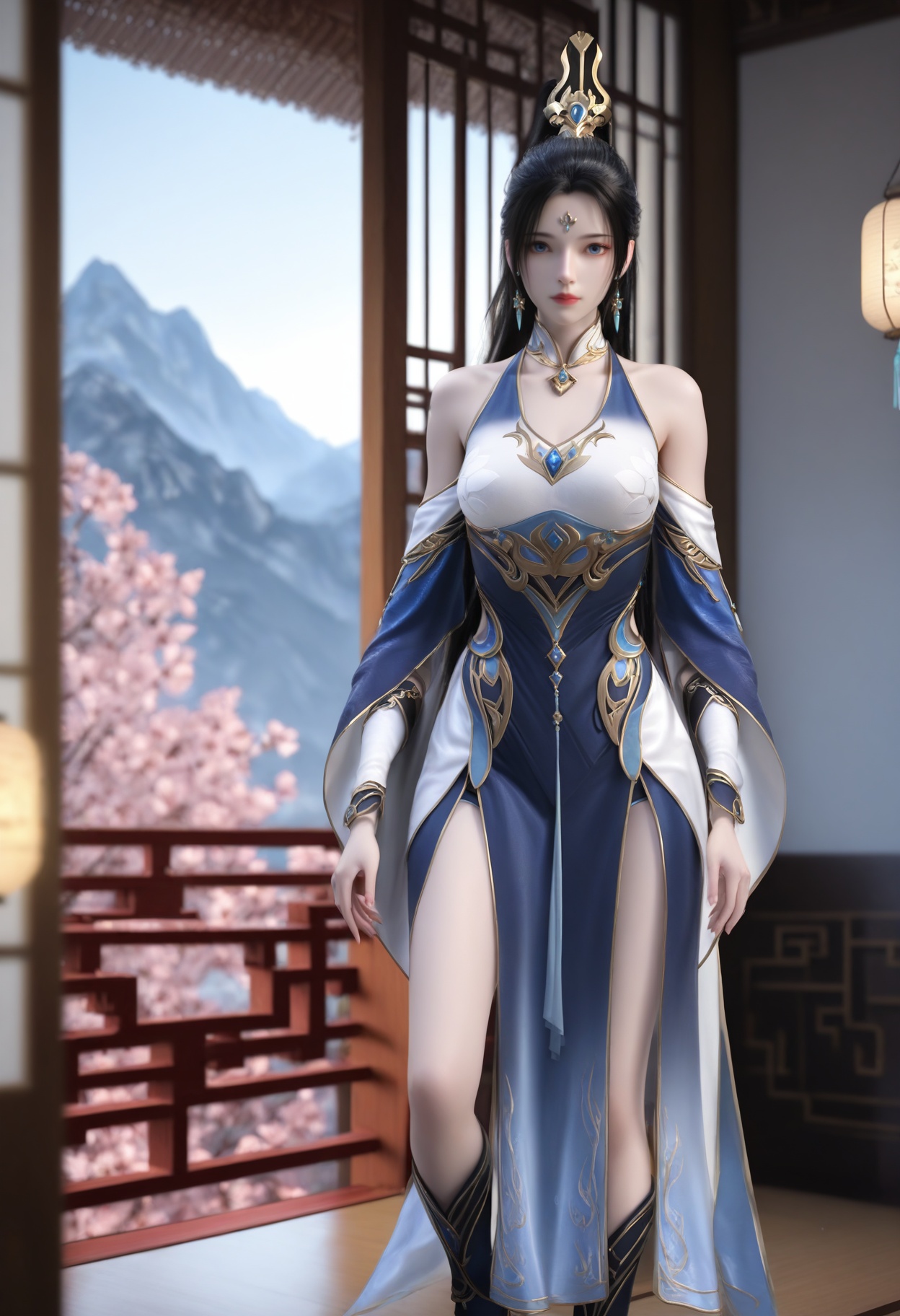 Ji_ningshuang,1girl,blue eyes,jewelry,earrings,long hair,black hair,looking at viewer,bare shoulders,hair ornament,facial mark,forehead mark,very long hair,high ponytail,earrings,<lora:Ji_ningshuang_10_illu-000004:0.75>,dress,detached sleeves,blue dress,high heels,boots,clothing cutout,wide sleeves,photorealistic,hyperrealistic,<lora:realistic filter [IL]:1>,(pale skin:1.1),looking at viewer,standing,lantern,open window,looking at viewer,indoors,mountains,blossoms,flowers,east asian architecture,beautiful sunrise,warm ambient temperature,