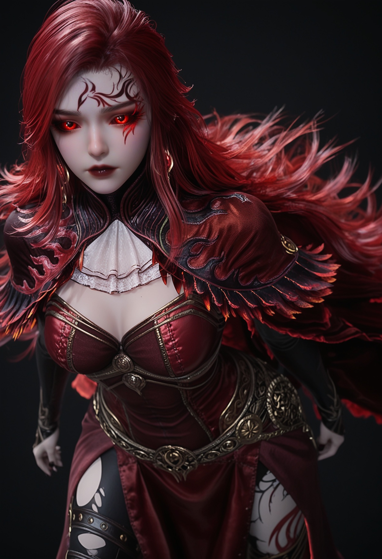 (upper_body:1.2),score_9,score_8_up,masterpiece,(best quality),intricate details,facing viewer,(looking at viewer:1.1),<lora:YQ_pony_maxiaotao_fuzhang2_V4:0.8>,q1528437228,1girl,solo,long hair,red hair,red eyes,dress,cape,belt,boots,jewelry,red dress,thighhighs,earrings,colored sclera,black sclera,high heels,torn clothes,tattoo,red cape,ascot,brown eyes,facial mark,gloves,armor,glowing eyes,red sclera,thigh boots,high heel boots,white ascot,black footwear,BREAK(score_9:1.2),(score_8_up:1.2),masterpiece,best quality,very aesthetic,perfect anatomy,(hourglass),perfect face,(simple background,pure black background,black background:1.1),fair_skin,(shiny_skin:1.1),Ivory_skin,