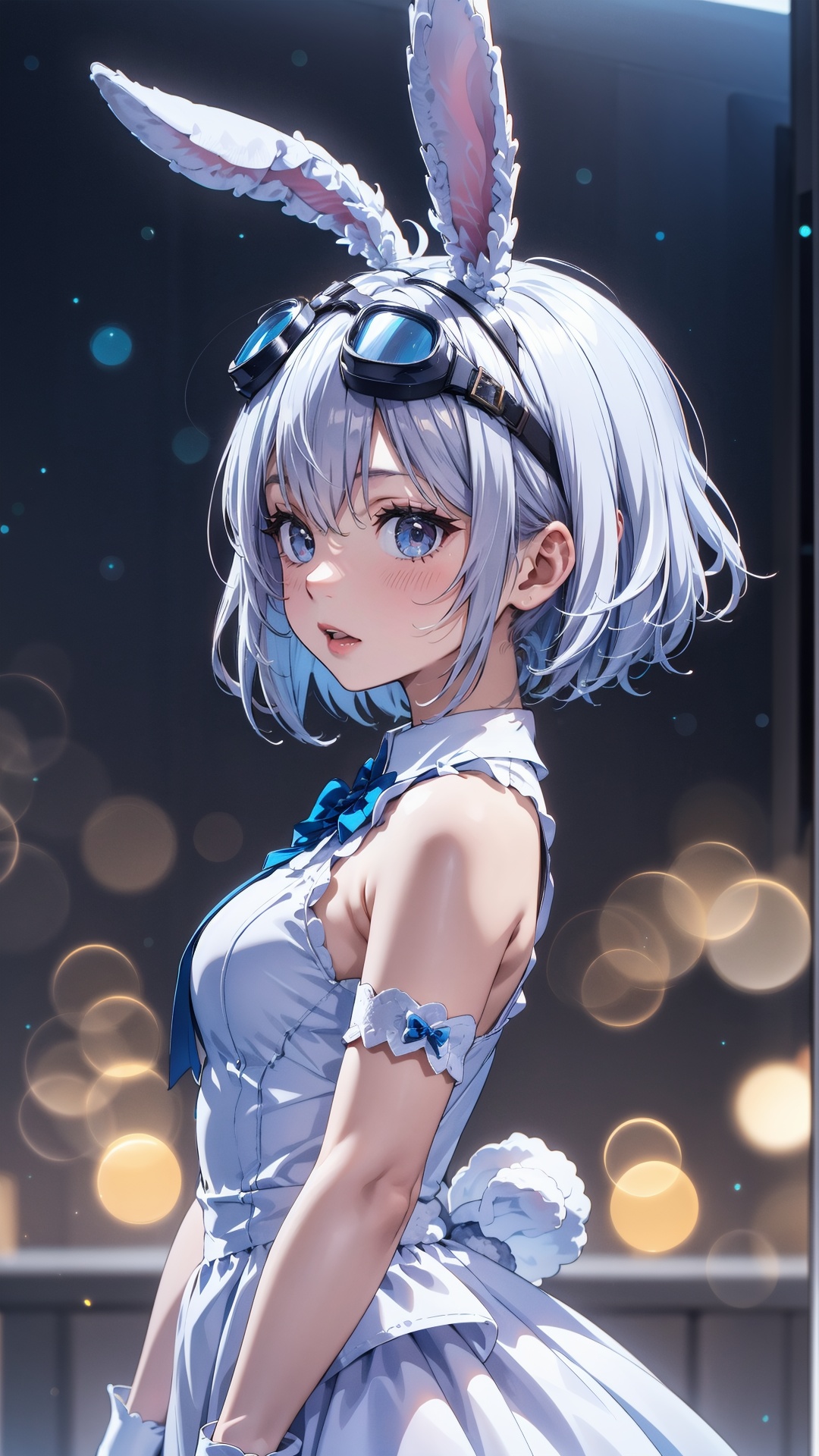 tutututu,1girl,solo,rabbit ears,white dress,white gloves,blue footwear,goggles on head,sleeveless dress,bangs,blue bow,white hair,short hair,<lora:SY-000010:0.7>,masterpiece,best quality,1girl,bokeh,looking at viewer,from side,dynamic,upper body,portrait,