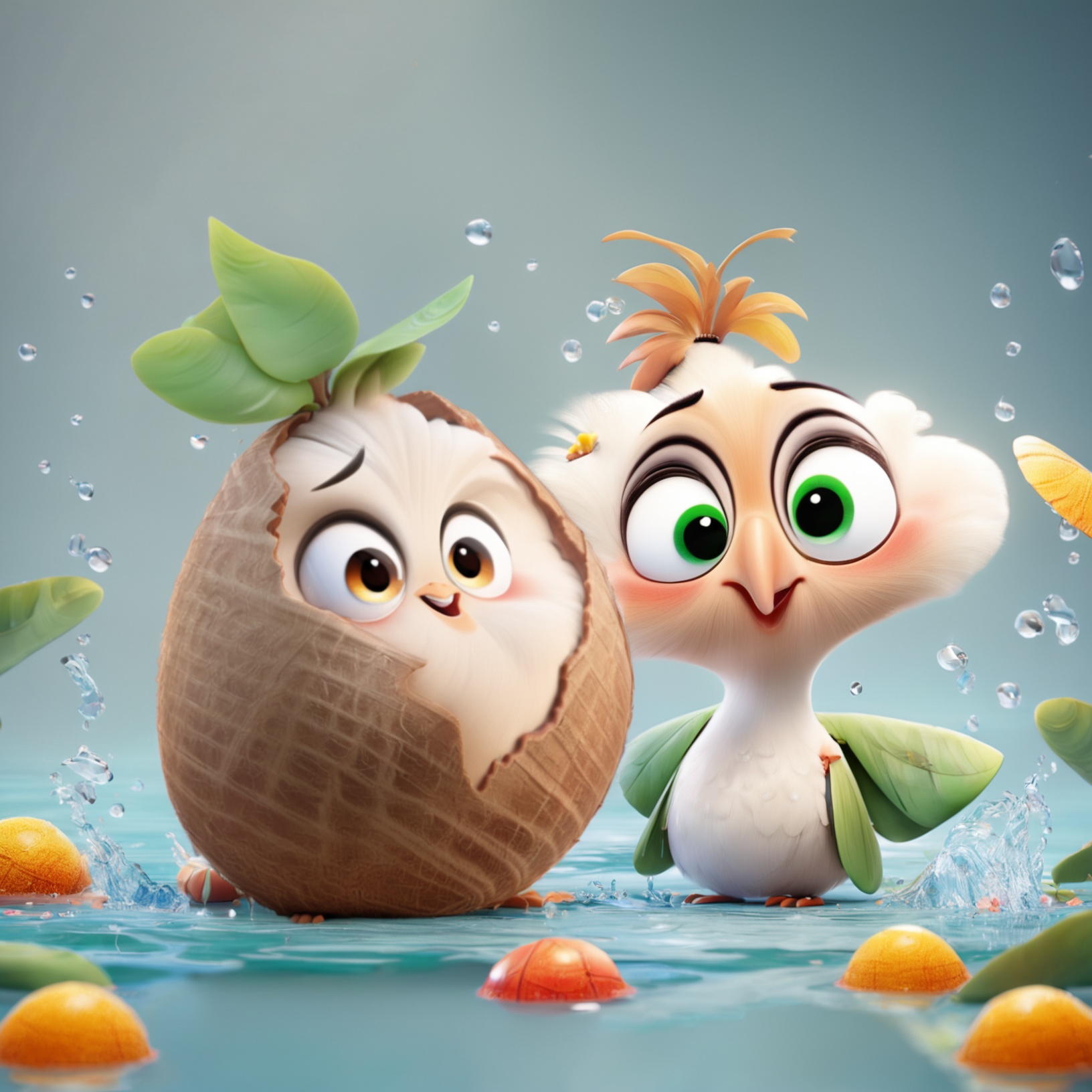 Coconut chicken,The image showcases two animated characters. On the left, there's a character resembling a coconut with large, expressive eyes, a small leaf on top, and a surprised expression. The character on the right appears to be a round, white fruit or vegetable with a green leaf sprouting from its top. This character has a content expression, with closed eyes and a slight smile. Both characters are surrounded by water droplets, and there are small, colorful objects scattered around them, possibly representing food or decorations..<lora:YZJ 3.0-000004:1>